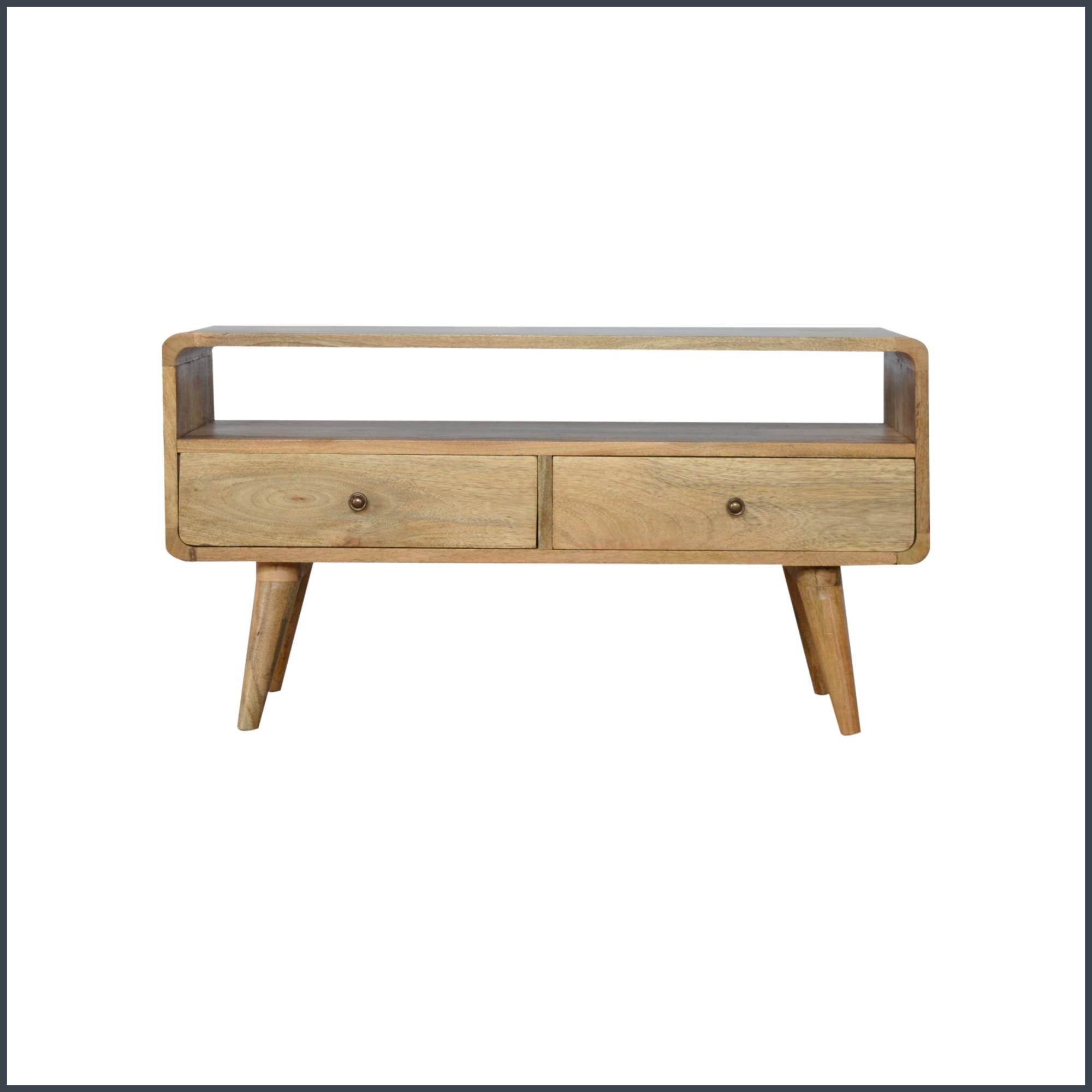Modal Handmade Solid Wood TV Stand with 2 Drawers and an Open Slot in Natural Oak-ish finish | malletandplane.com