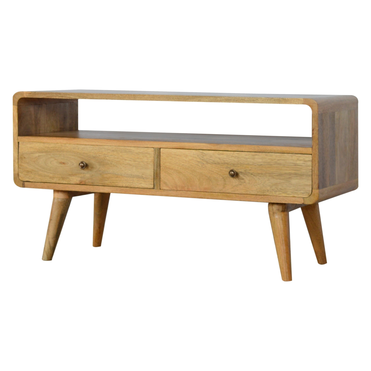 Modal Handmade Solid Wood TV Stand with 2 Drawers and an Open Slot in Natural Oak-ish finish | malletandplane.com