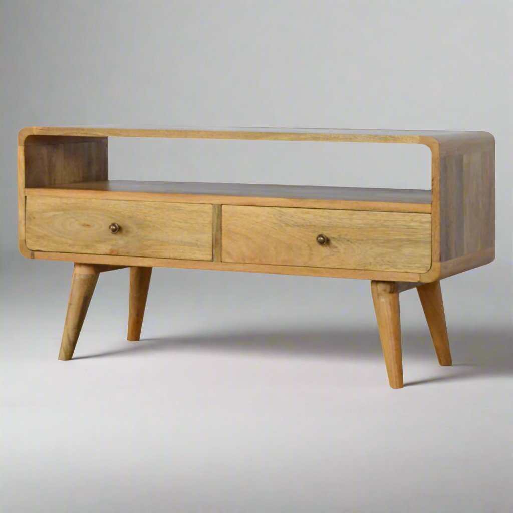 Modal Handmade Solid Wood TV Stand with 2 Drawers and an Open Slot in Natural Oak-ish finish | malletandplane.com