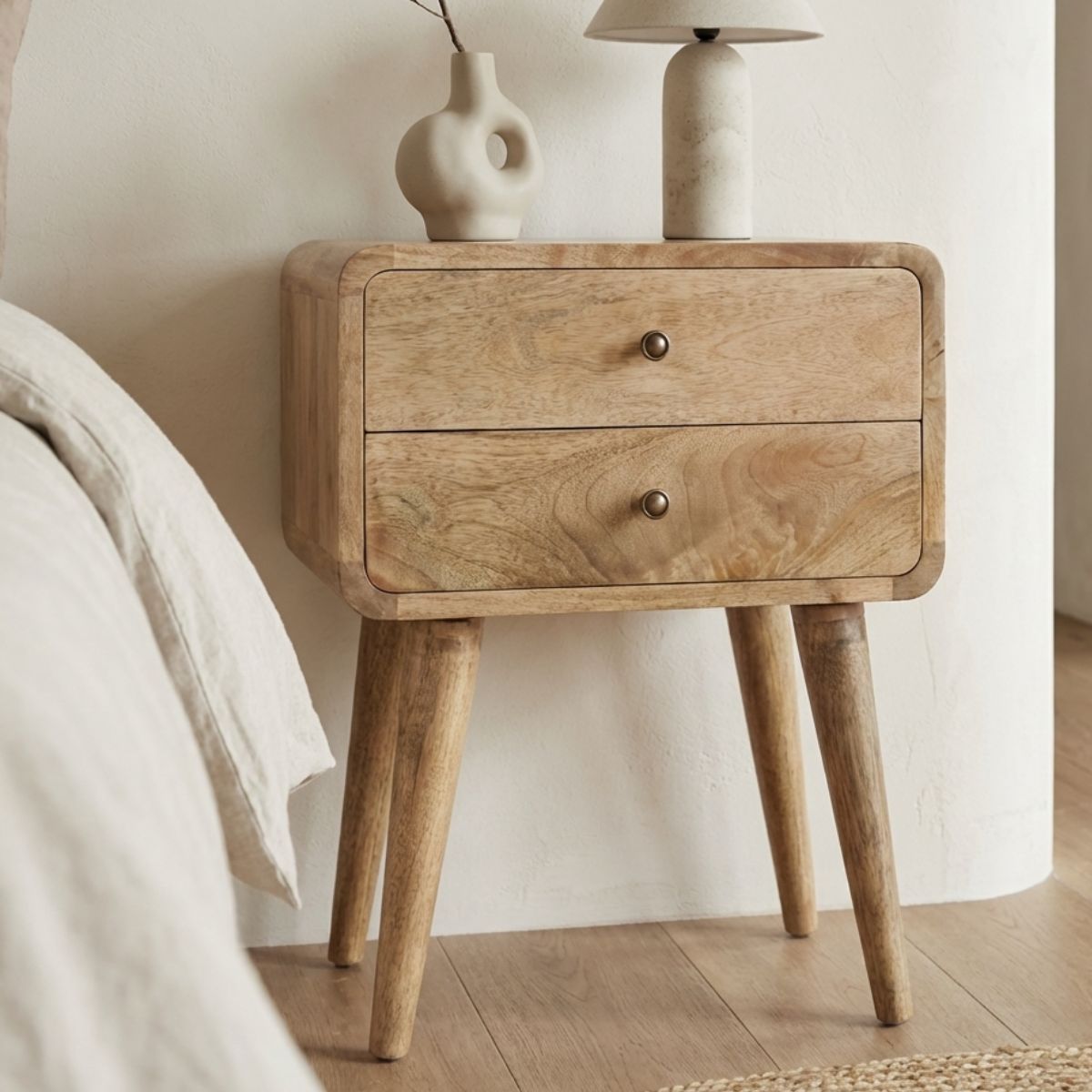 Modal solid wood bedside table with 2 drawers in a natural oak-ish finish