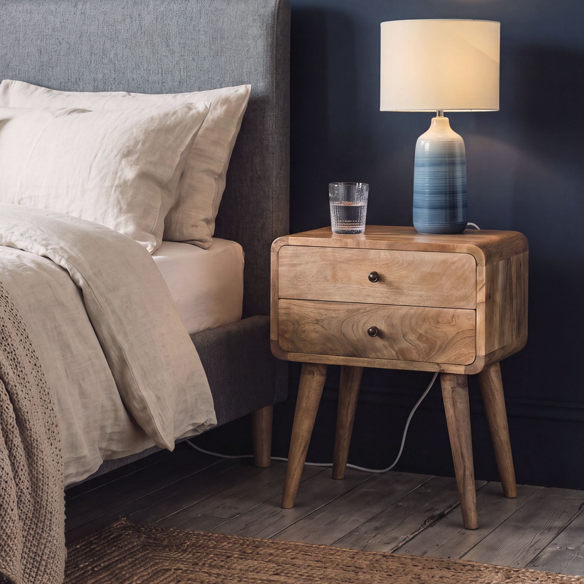 Modal Solid Wood 45cm wide 2 drawer bedside table in Natural Mango Finish