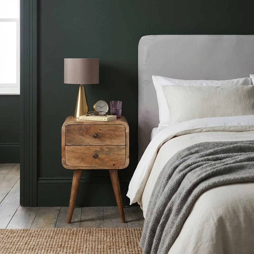 Modal handmade oak-ish 2 drawer narrow bedside table