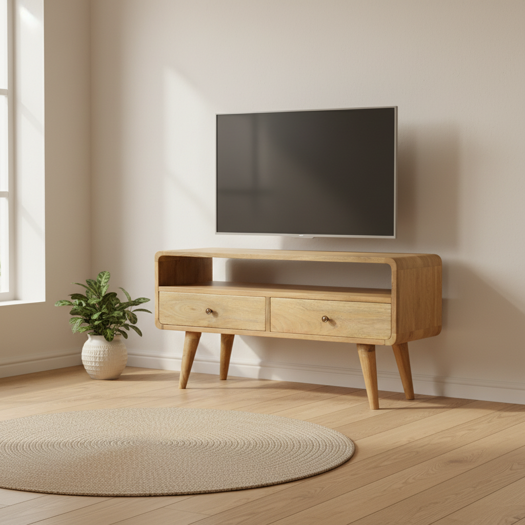 Modal Handmade Solid Wood TV Stand with 2 Drawers and an Open Slot in Natural Oak-ish finish | malletandplane.com