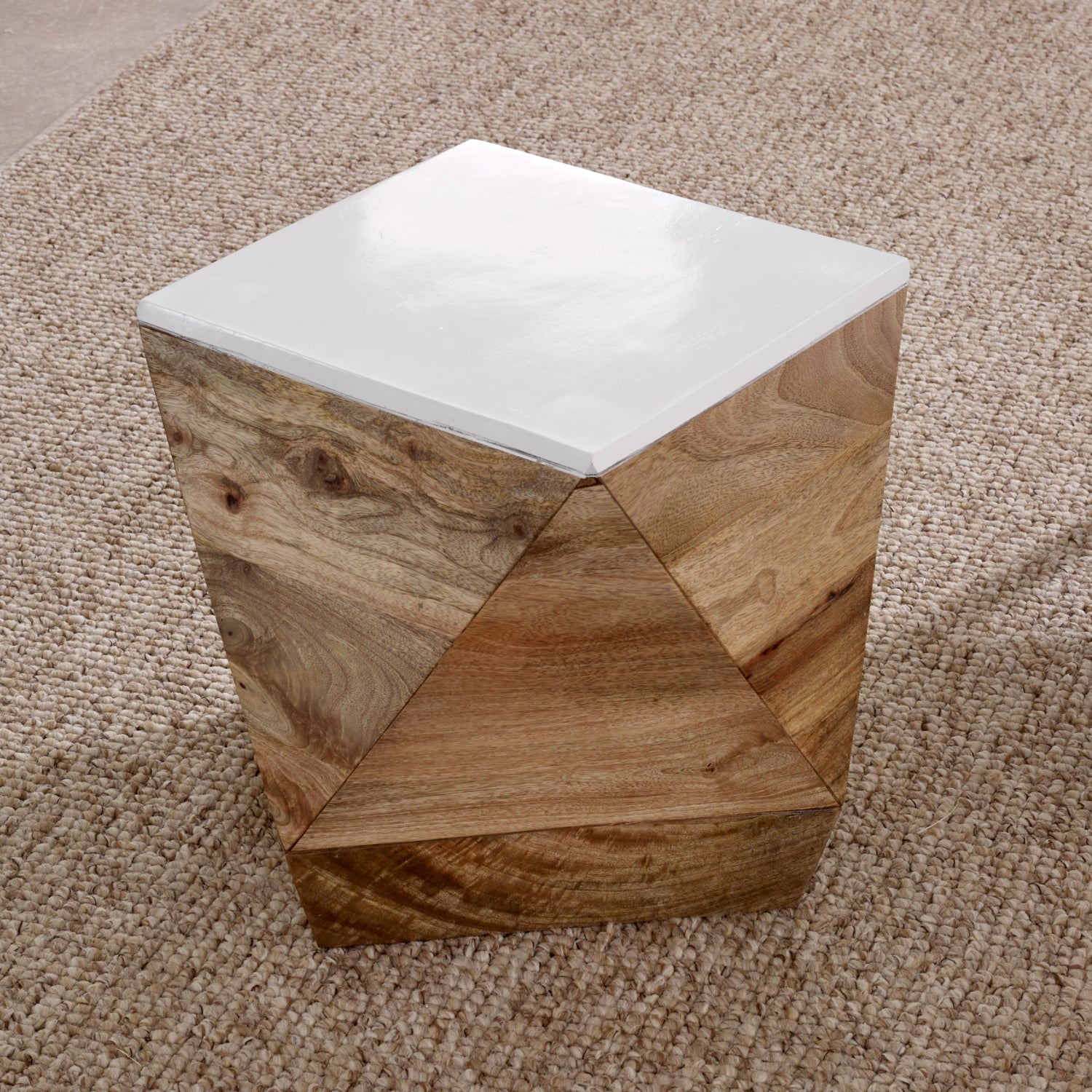 Beth handmade solid mango wood angular side table with contrasting white top | malletandplane.com