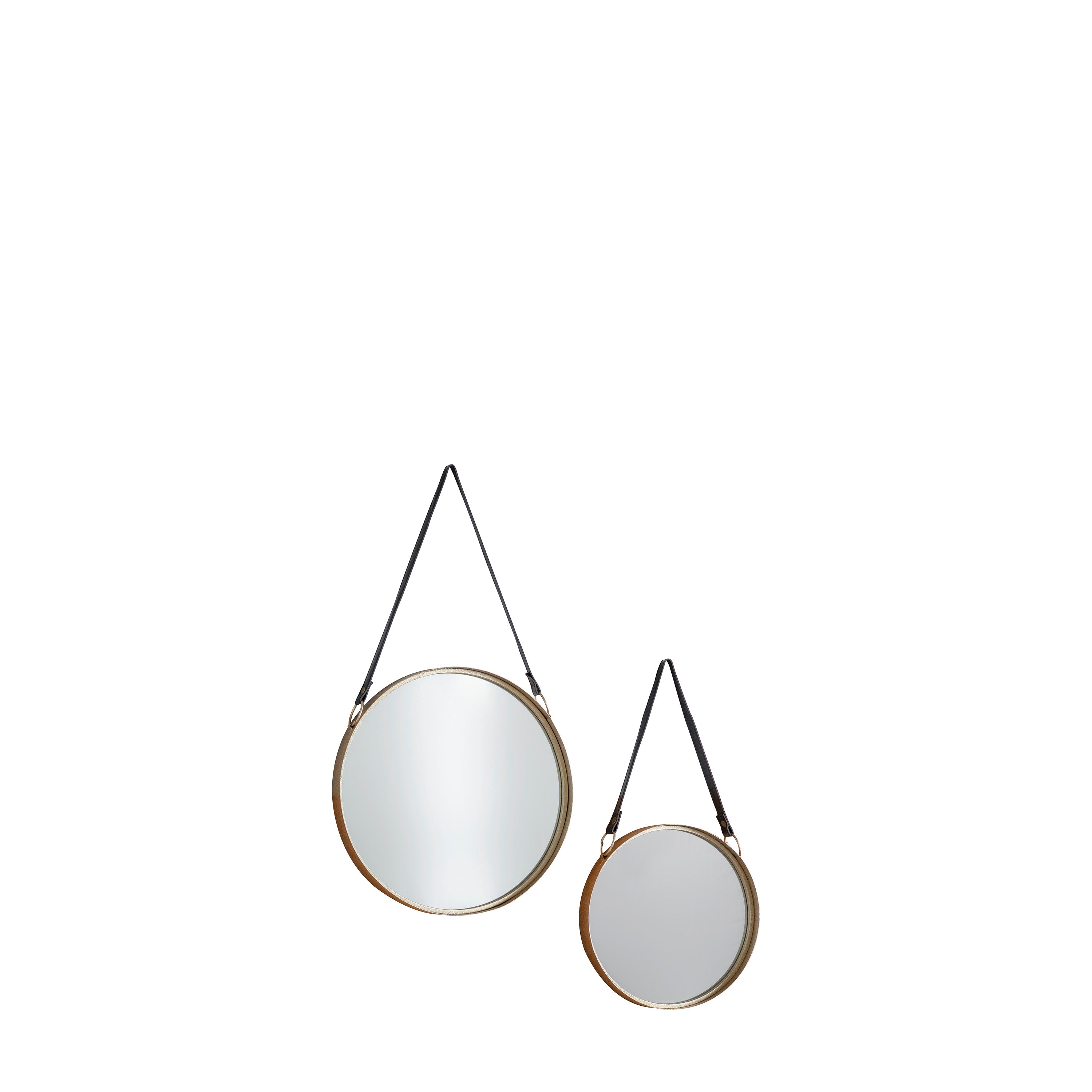 Mykono set of 2 round wall mirrors with gold crackle frame and hanging strap | malletandplane.com