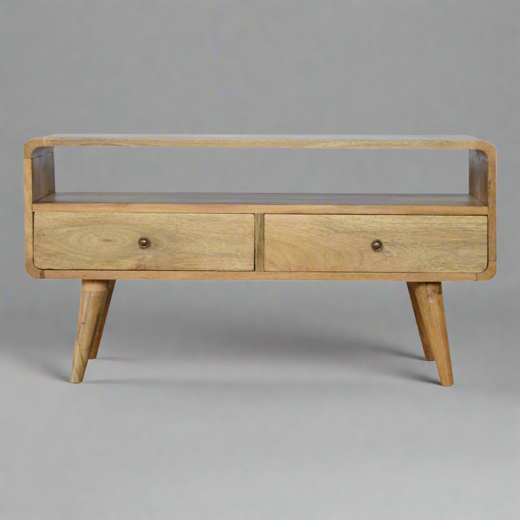 Modal Handmade Solid Wood TV Stand with 2 Drawers and an Open Slot in Natural Oak-ish finish | malletandplane.com