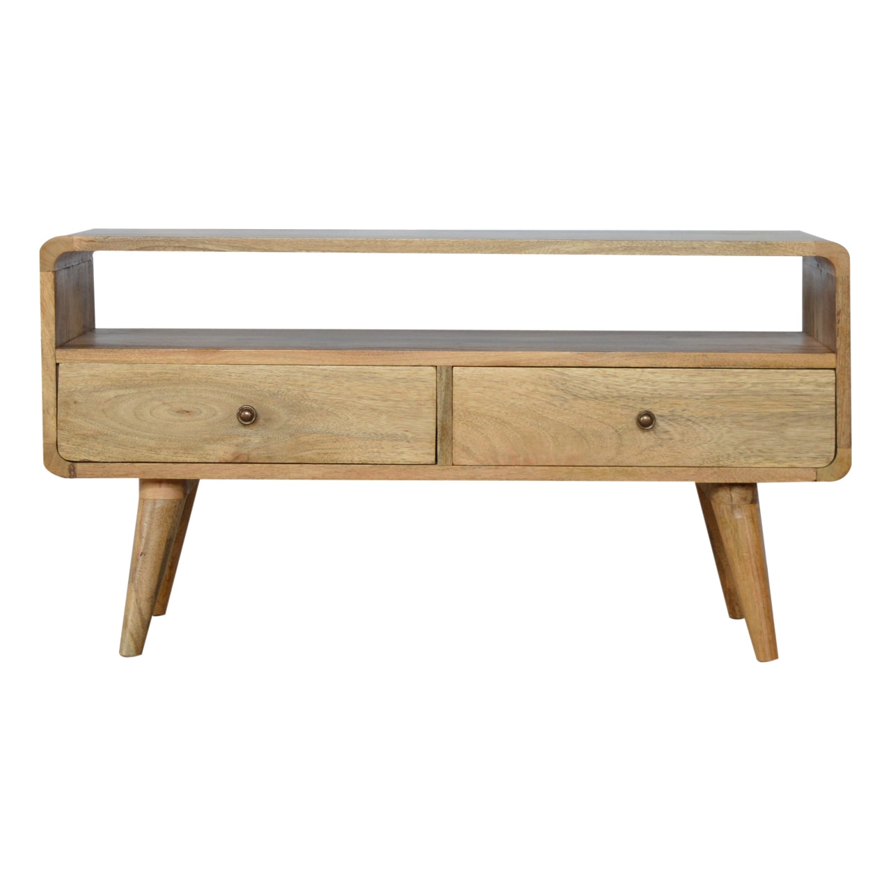 Modal Handmade Solid Wood TV Stand with 2 Drawers and an Open Slot in Natural Oak-ish finish | malletandplane.com