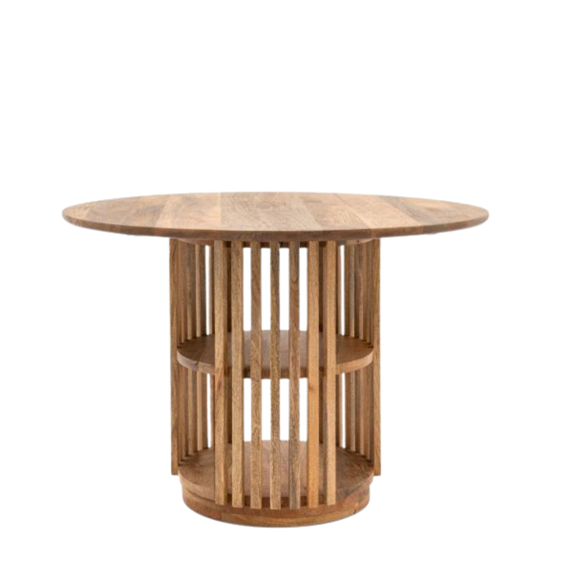 Nelson mango wood slatted round dining table with storage | malletandplane.com