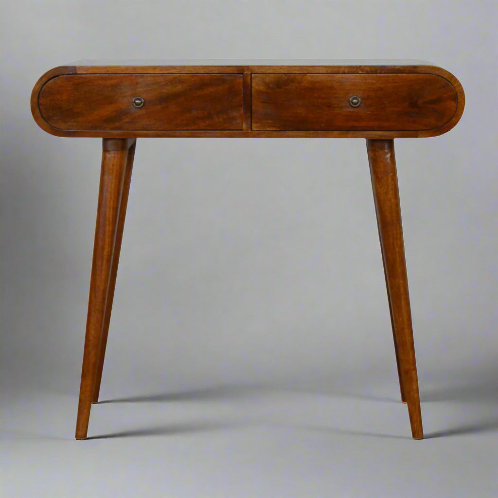 Newton handmade solid wood console table with drawers and curved edges in a deep chestnut finish | malletandplane.com