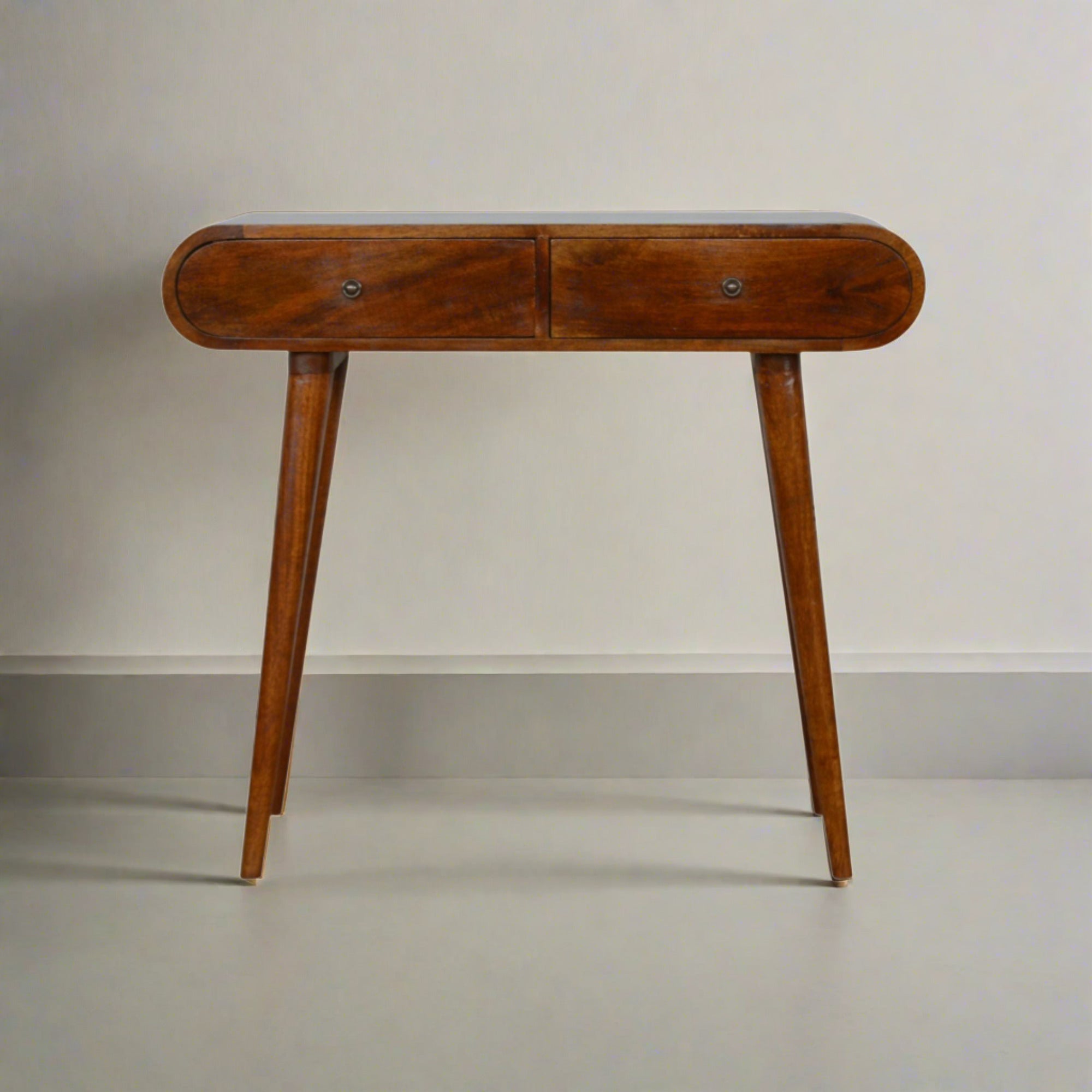 Newton handmade solid wood console table with drawers and curved edges in a deep chestnut finish | malletandplane.com