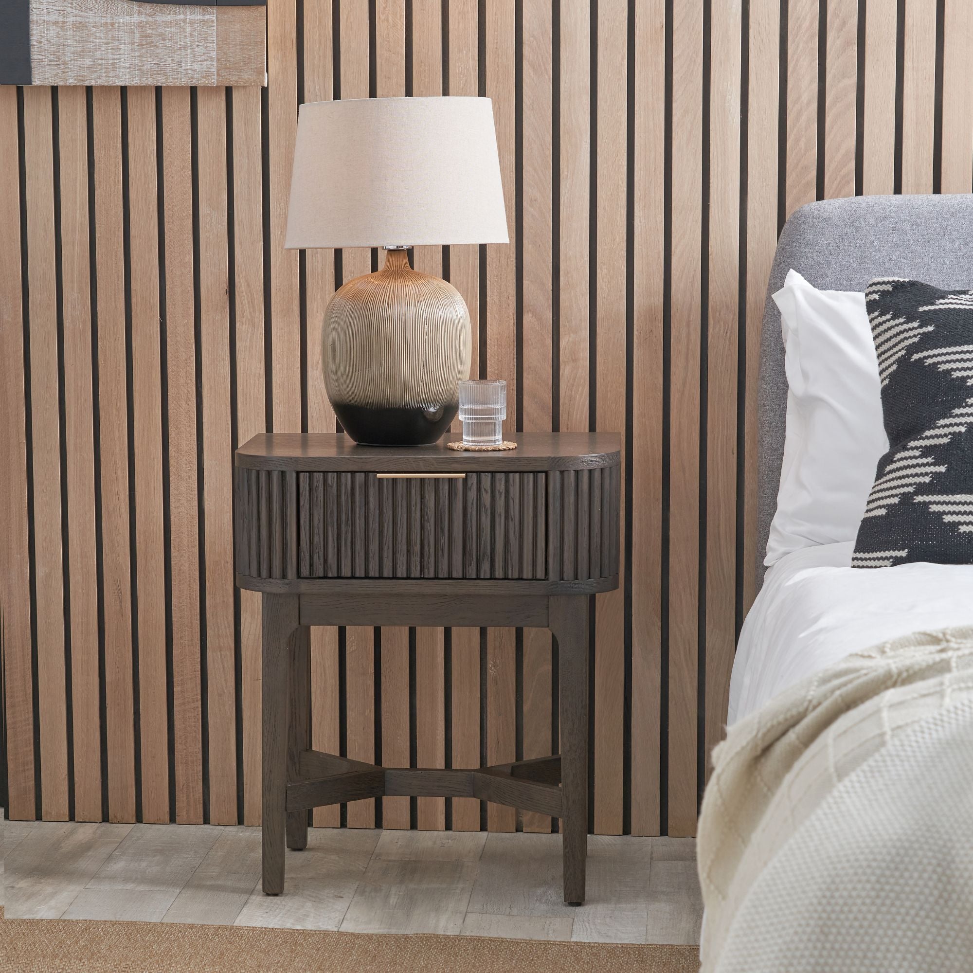 Norr walnut finished bedside table with ribbed styling and 1 drawer | malletandplane.com