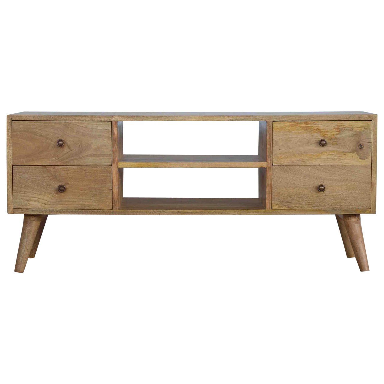 Nordic wooden TV stand with 4 drawers in rustic natural oak-ish finish | malletandplane.com