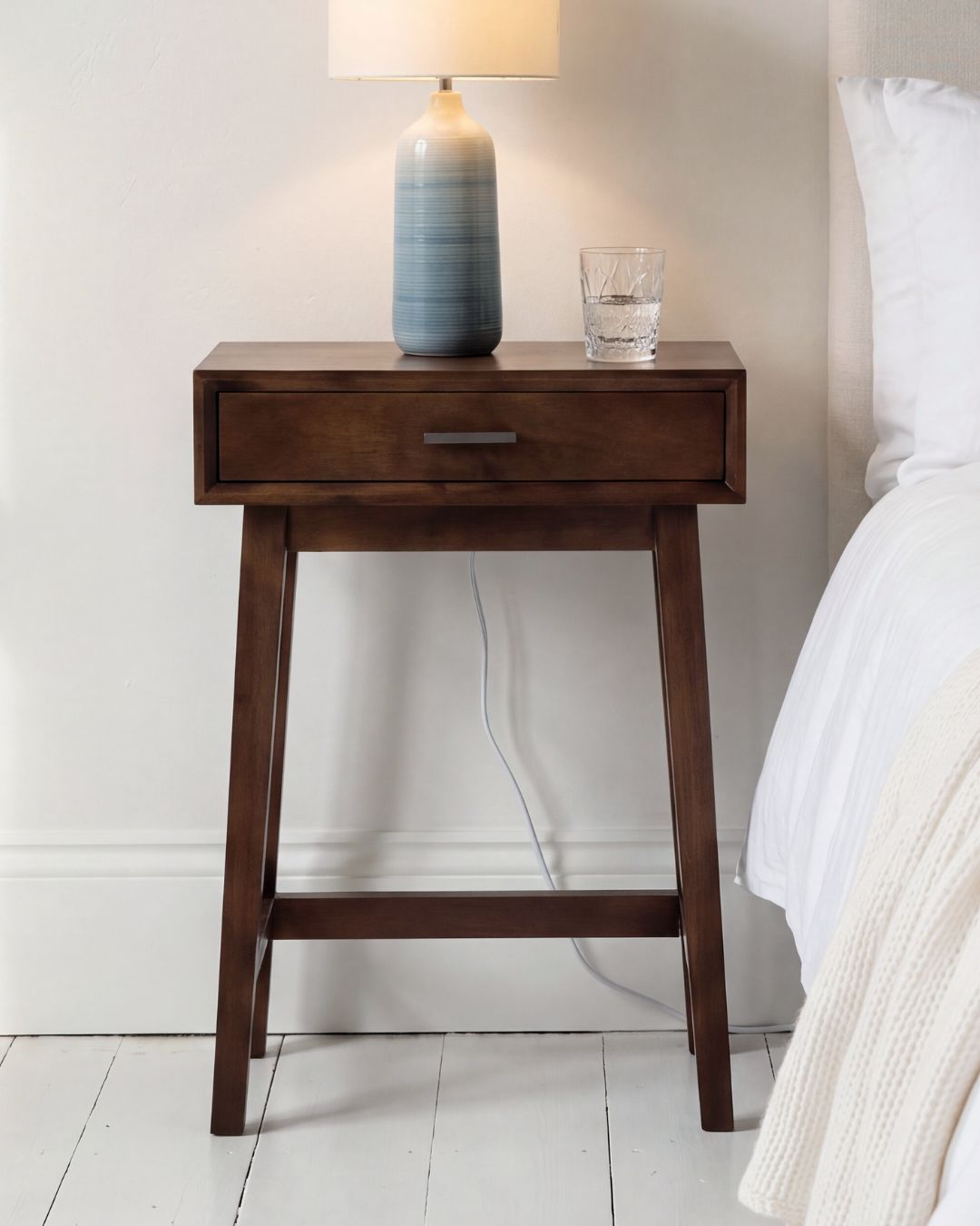 Norton Walnut Bedside Table 66cm Tall 1 Drawer Pine Wood Nightstand