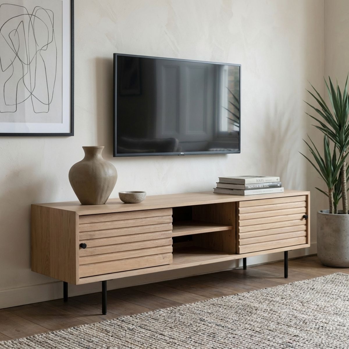 OKAYAMA oak and steel media unit with sliding doors and Japandi slatted detailing