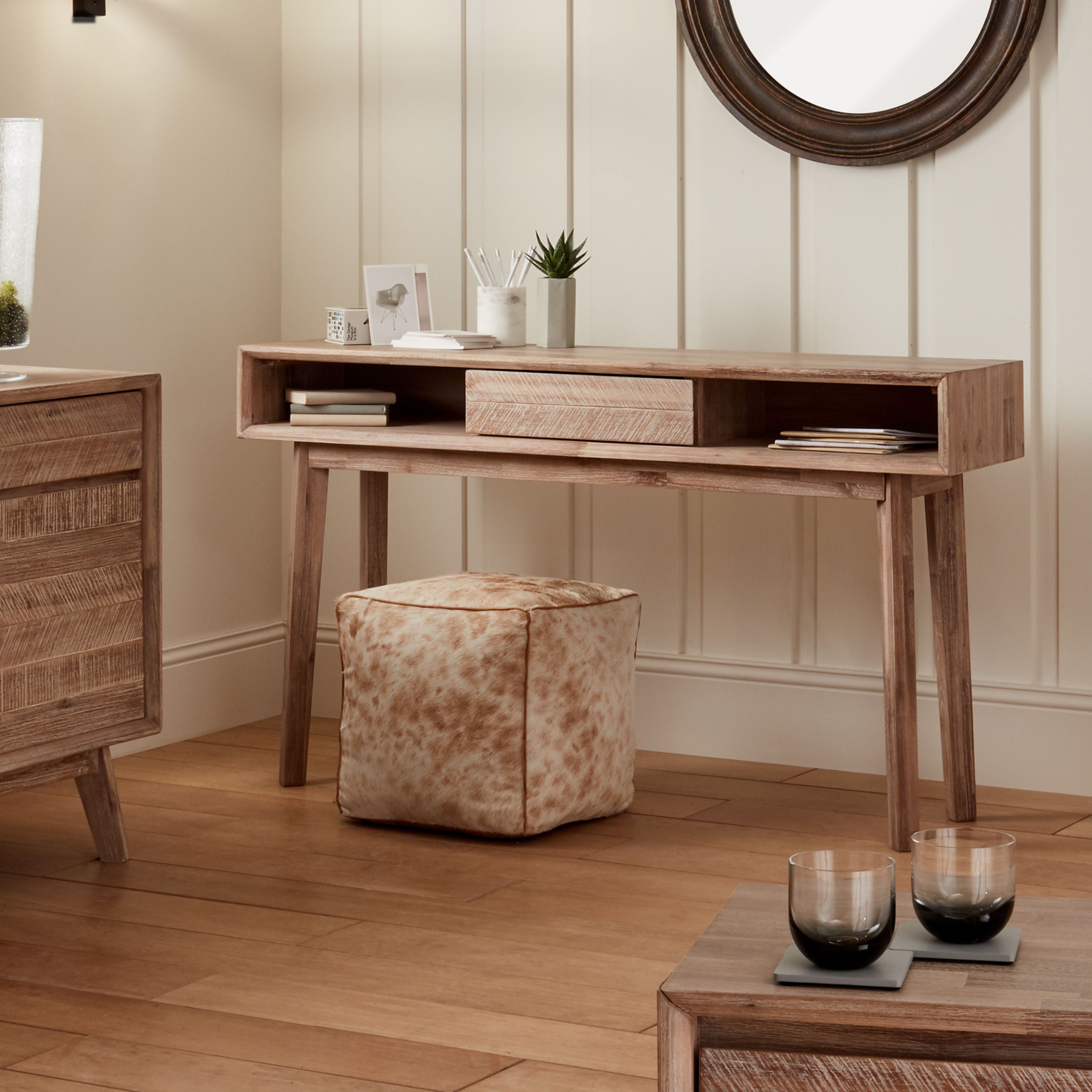 Orsa sand washed solid acacia wood console table with 1 drawer and 2 open slots | malletandplane.com