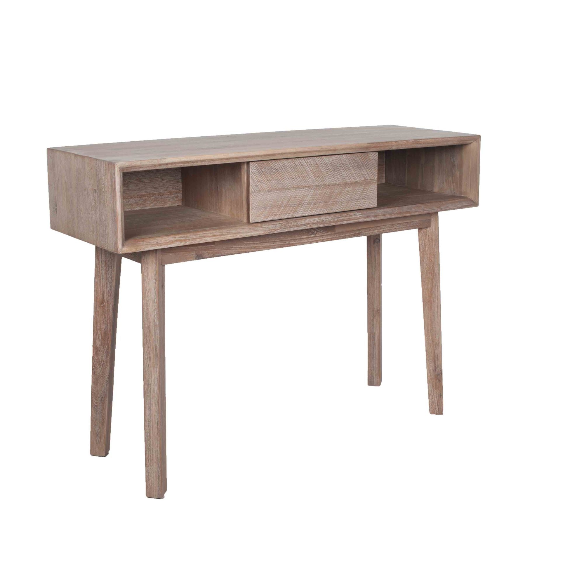 Orsa sand washed solid acacia wood console table with 1 drawer and 2 open slots | malletandplane.com