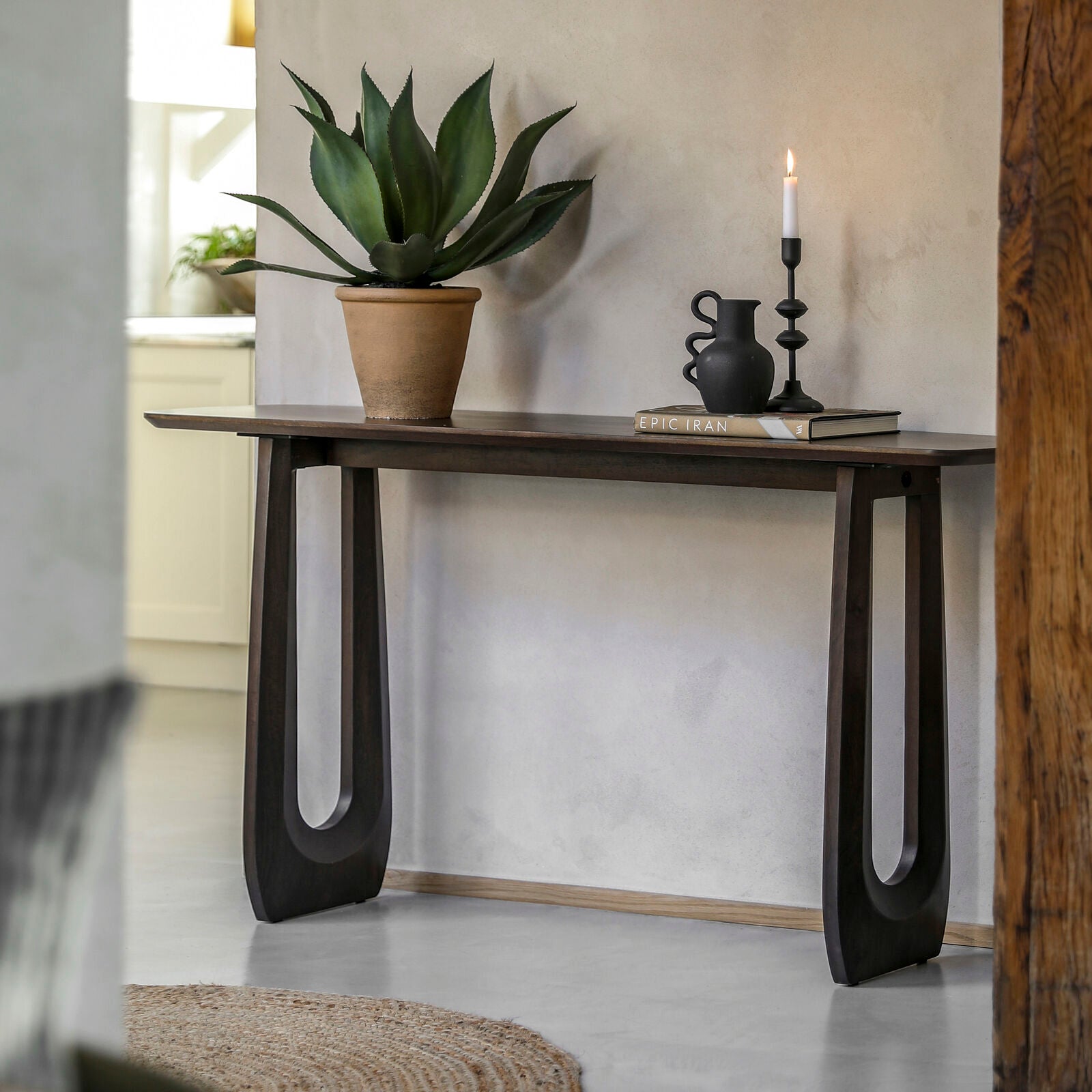 Paolo solid mango wood console table in deep walnut finish | malletandplane.com