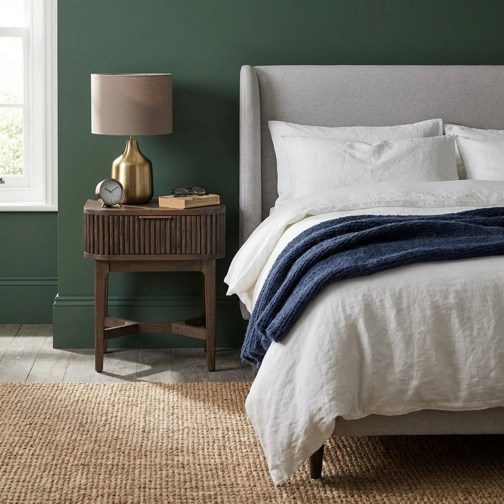 RAIE walnut finished bedside table with ribbed styling and 1 drawer