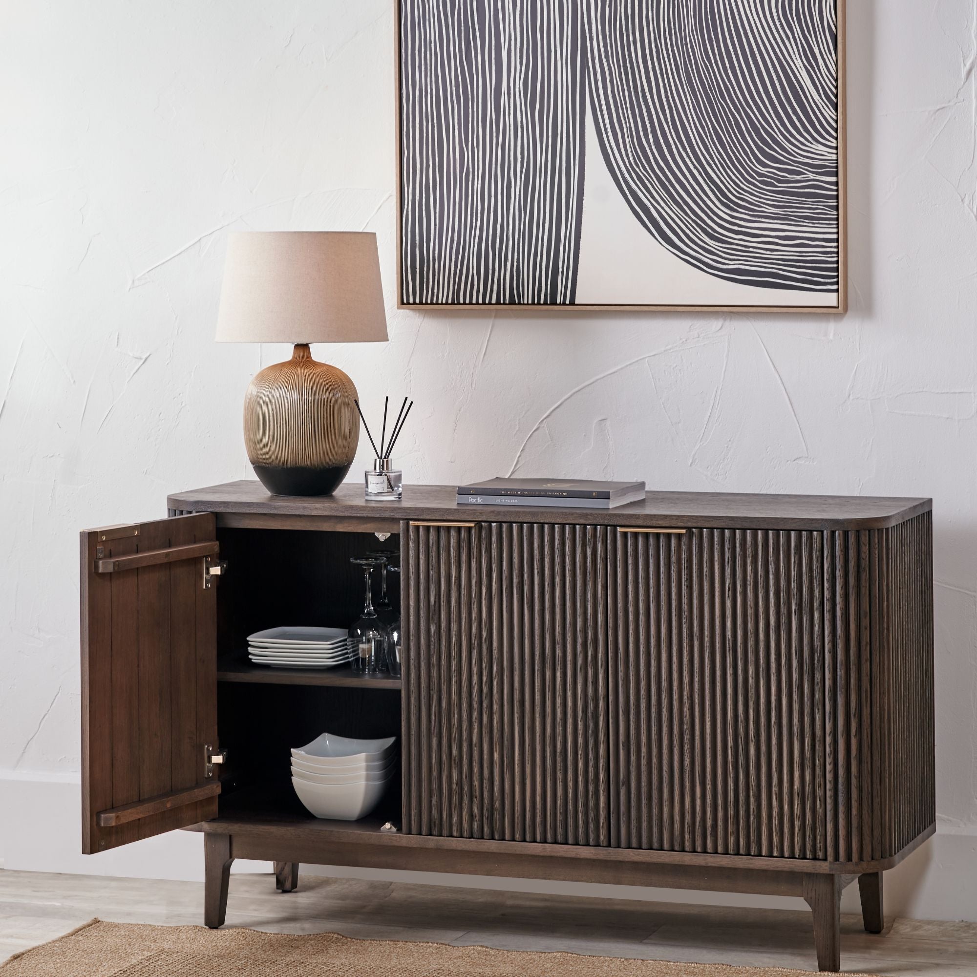 RAIE Ribbed oak and pine wood 3 door sideboard in walnut finish | malletandplane.com