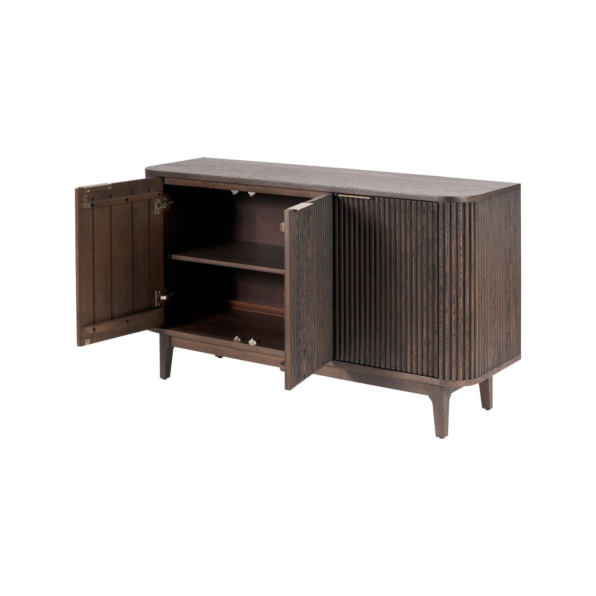 RAIE Ribbed oak and pine wood 3 door sideboard in walnut finish | malletandplane.com
