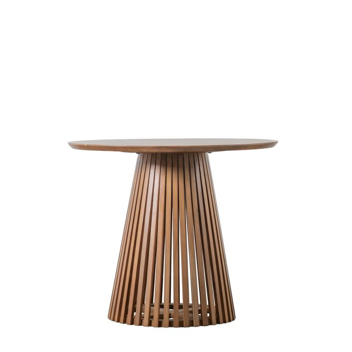 Regan solid acacia wood slatted 4 seater round dining table | malletandplane.com