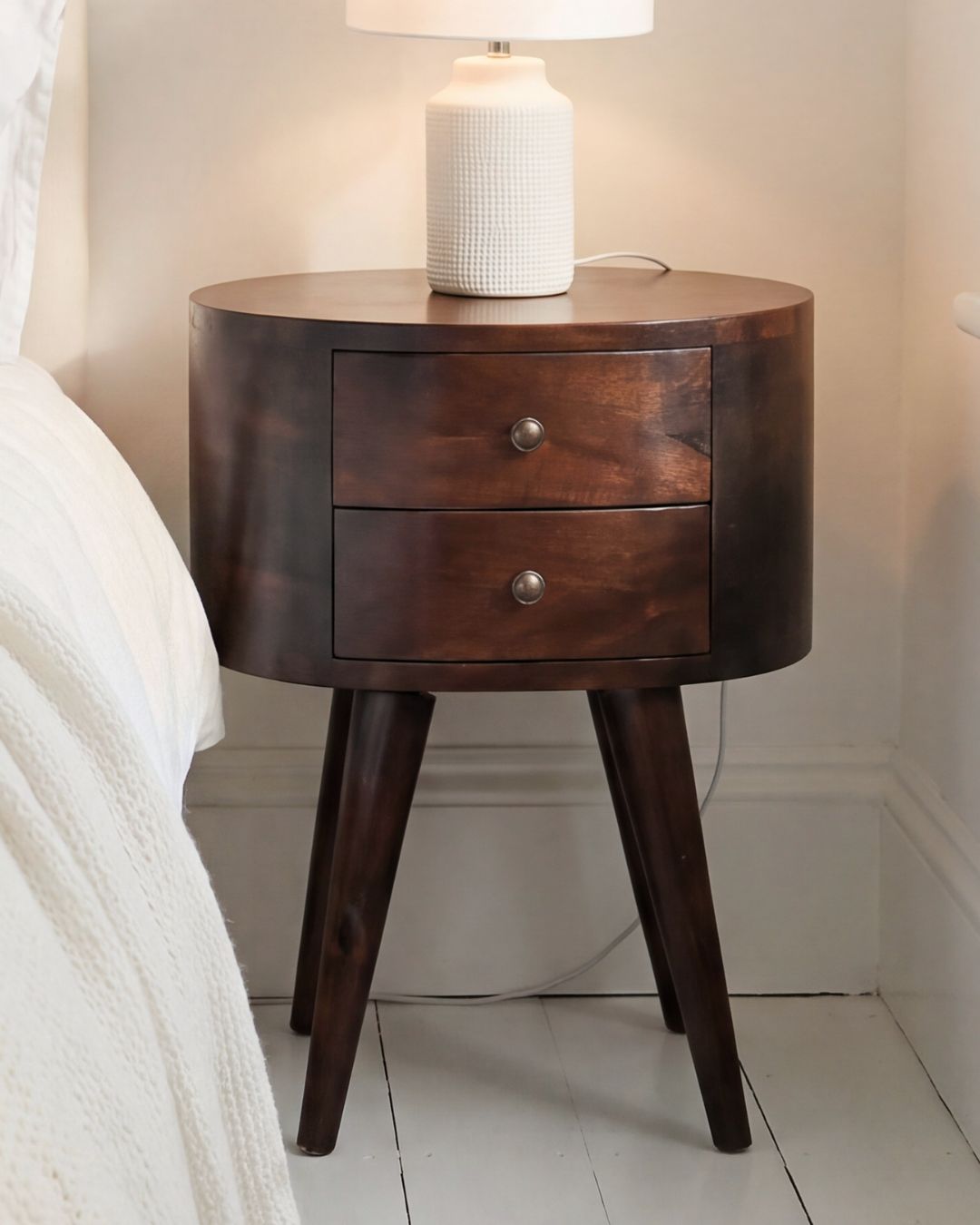 REGENT Walnut Rounded Bedside Table – 2 Drawers