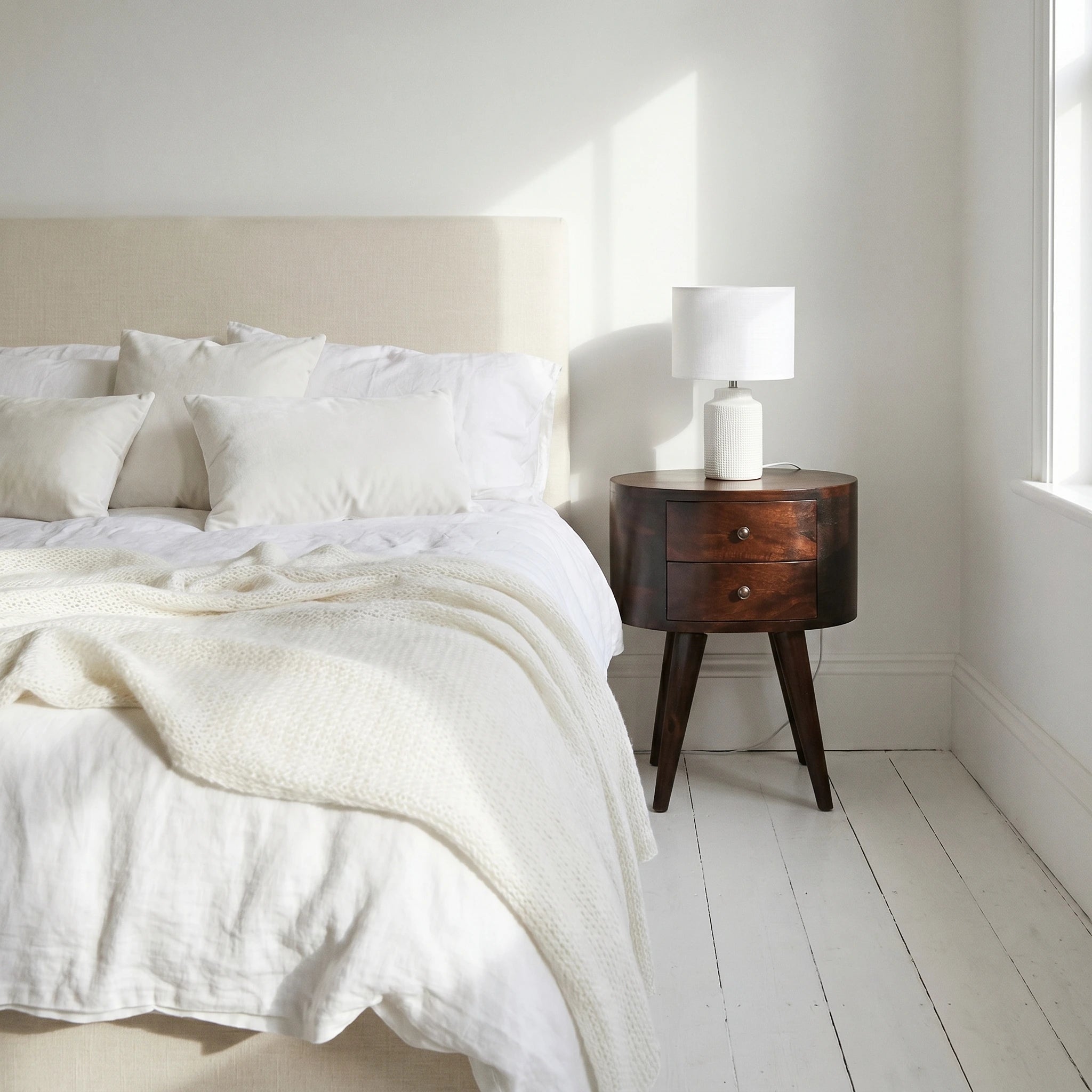 REGENT Walnut Rounded Bedside Table – 2 Drawers
