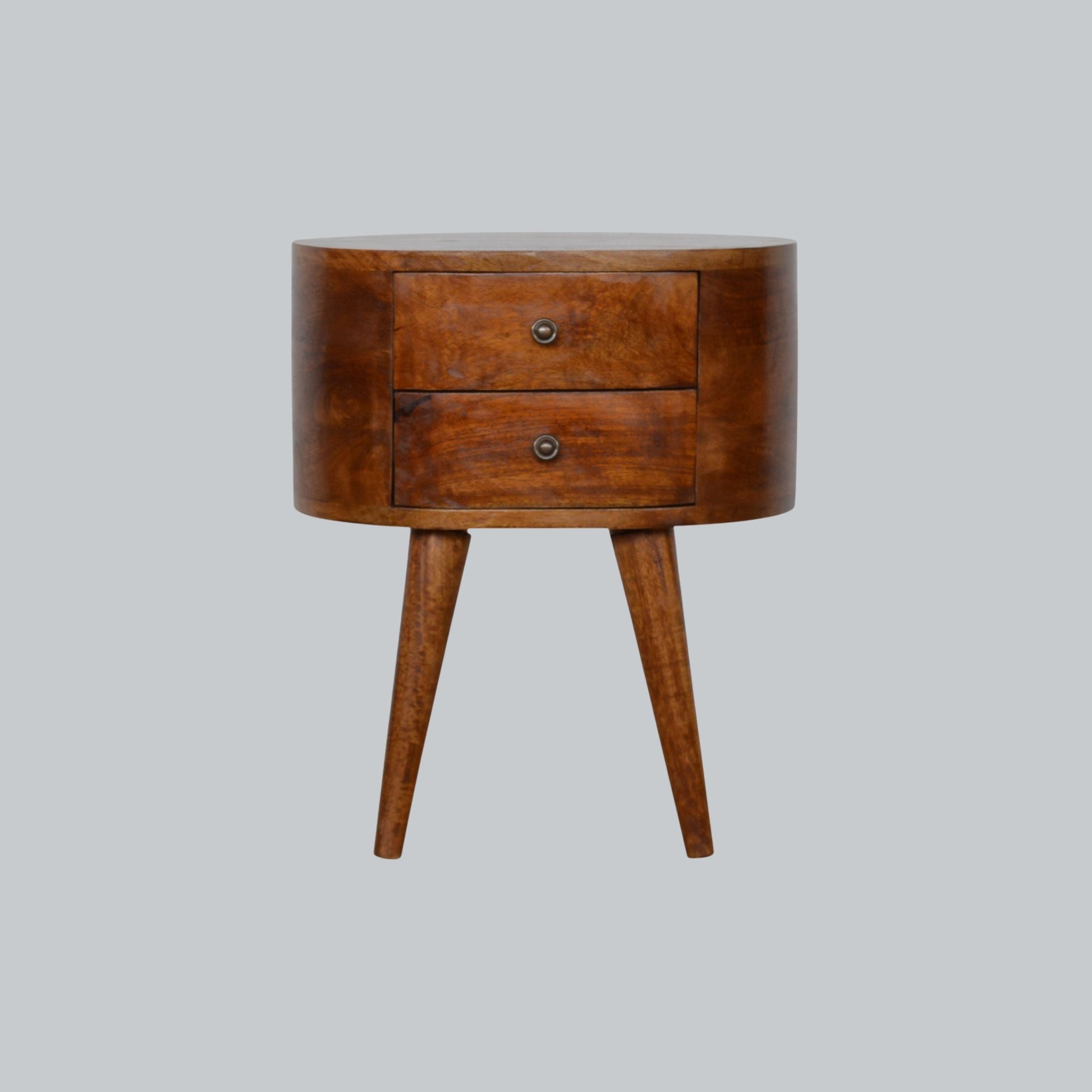 Regent round bedside table in deep chestnut colour | MalletandPlane.com