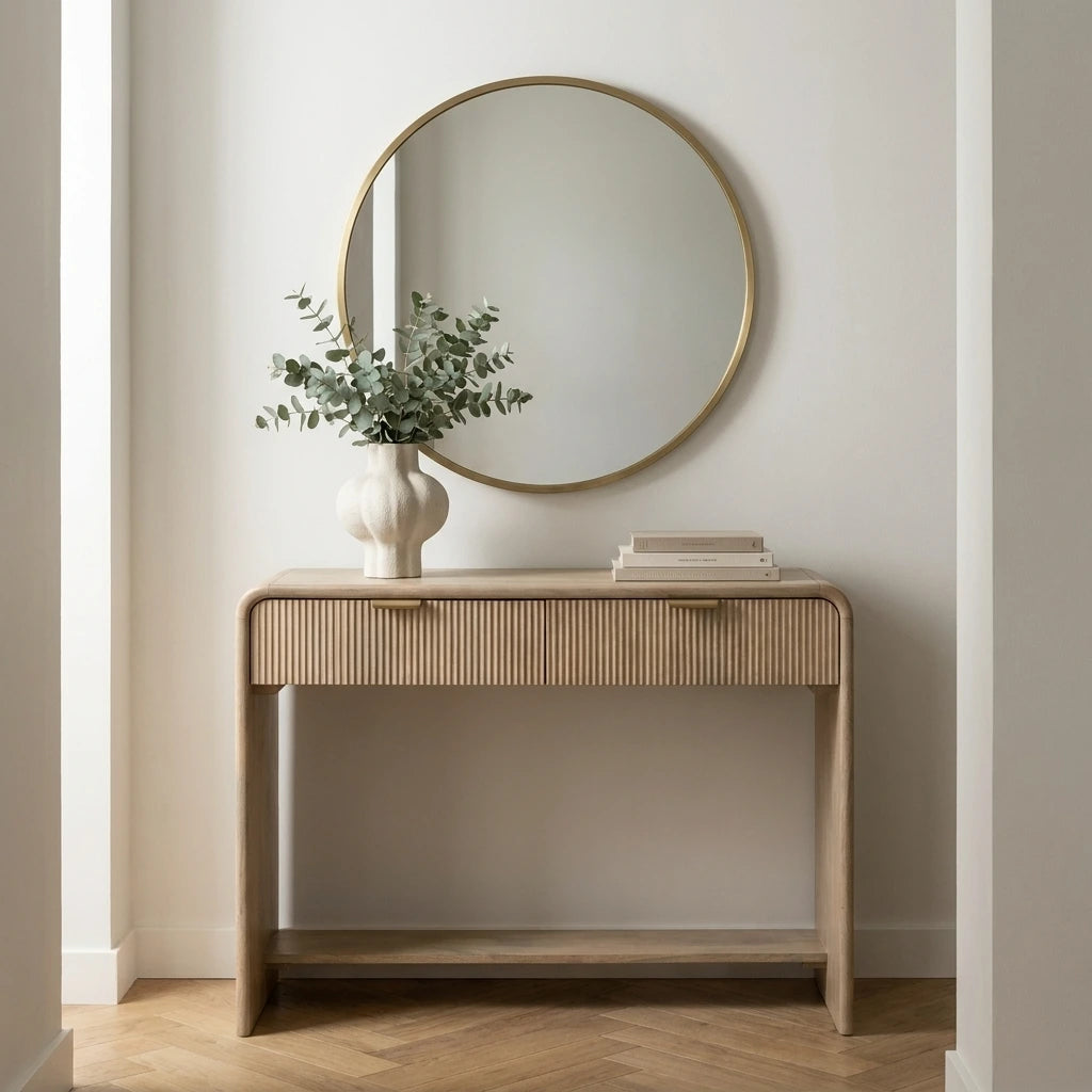 Rocca modern mango wood console table with curved edges and fluted drawers with brass hardware