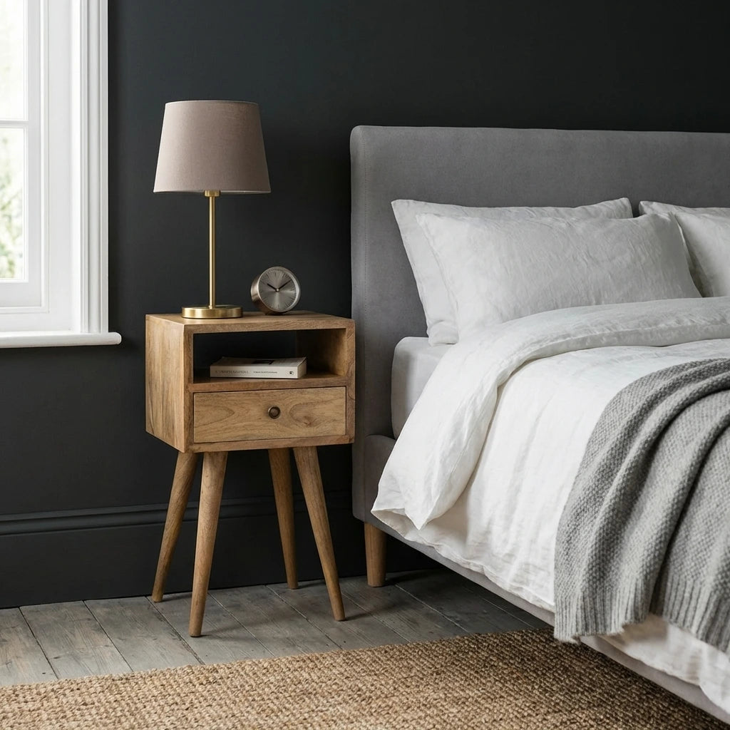 Ronan handmade solid mango wood small bedside table in a fine mango finish