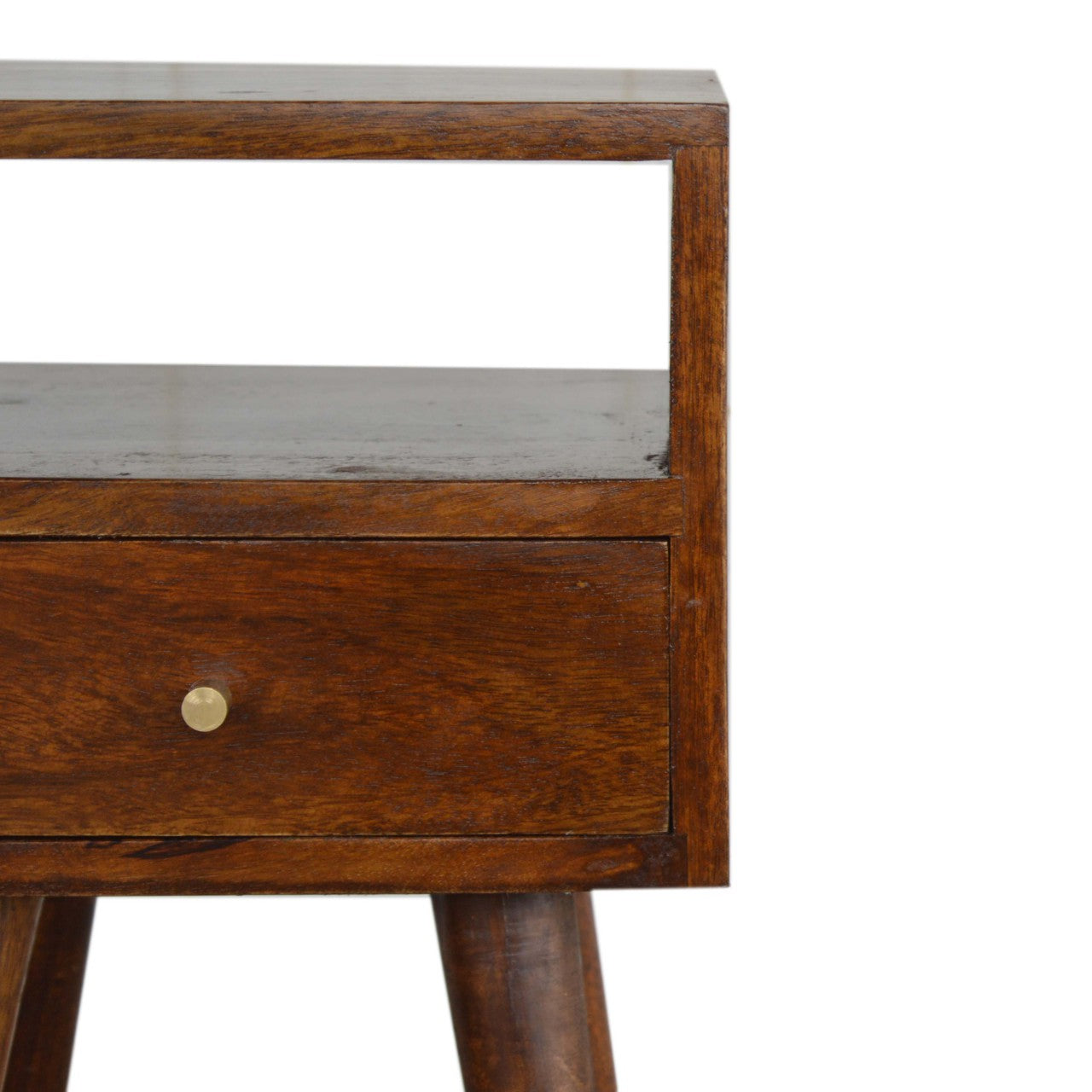 Ronan handmade solid mango wood small bedside table in a deep chestnut finish | malletandplane.com