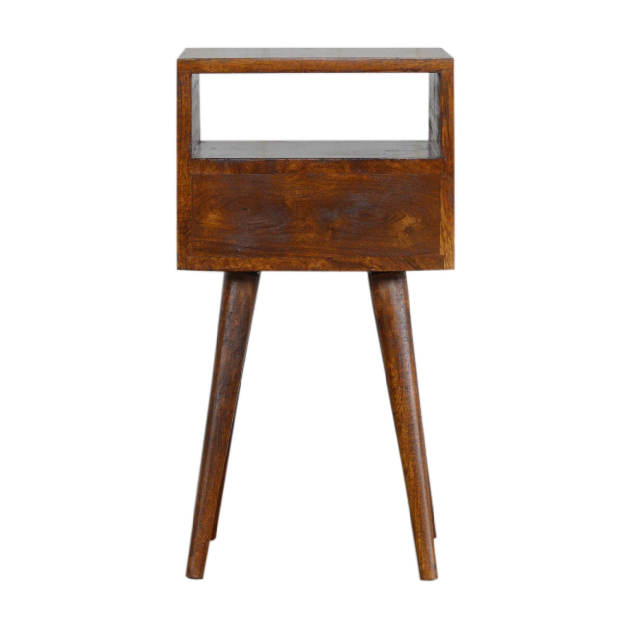 Ronan handmade solid mango wood small bedside table in a deep chestnut finish | malletandplane.com