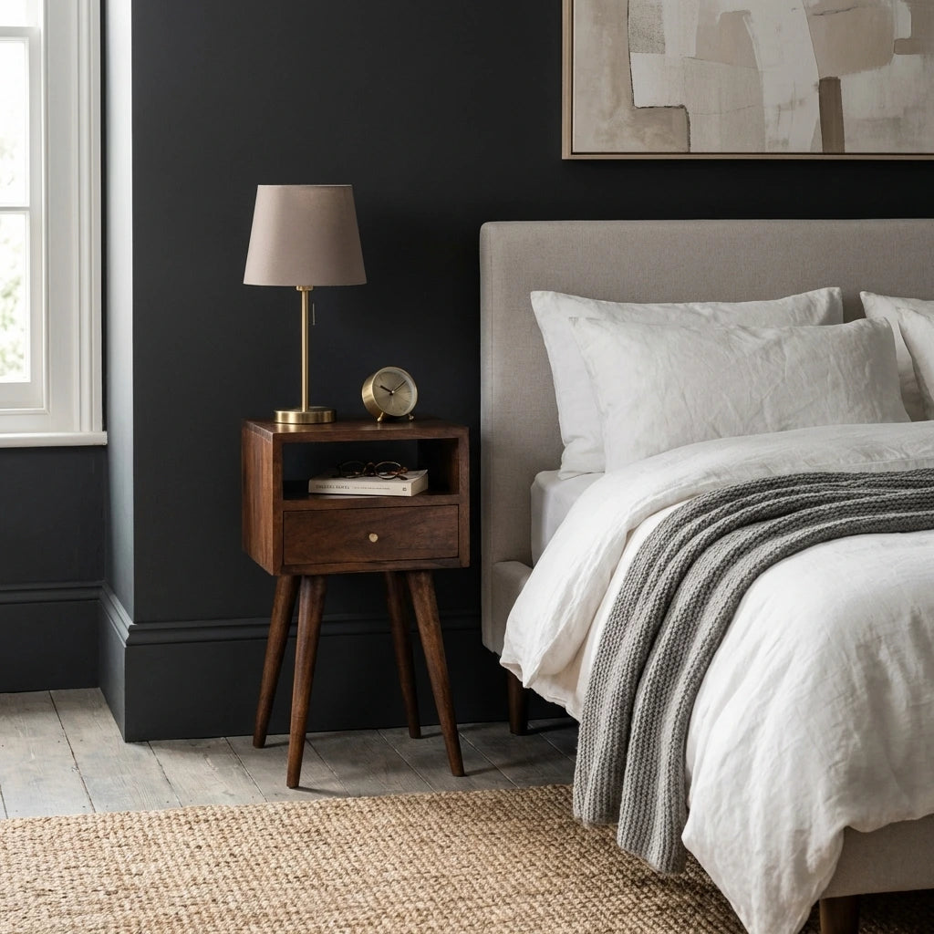 Ronan handmade solid mango wood small bedside table in a deep chestnut finish