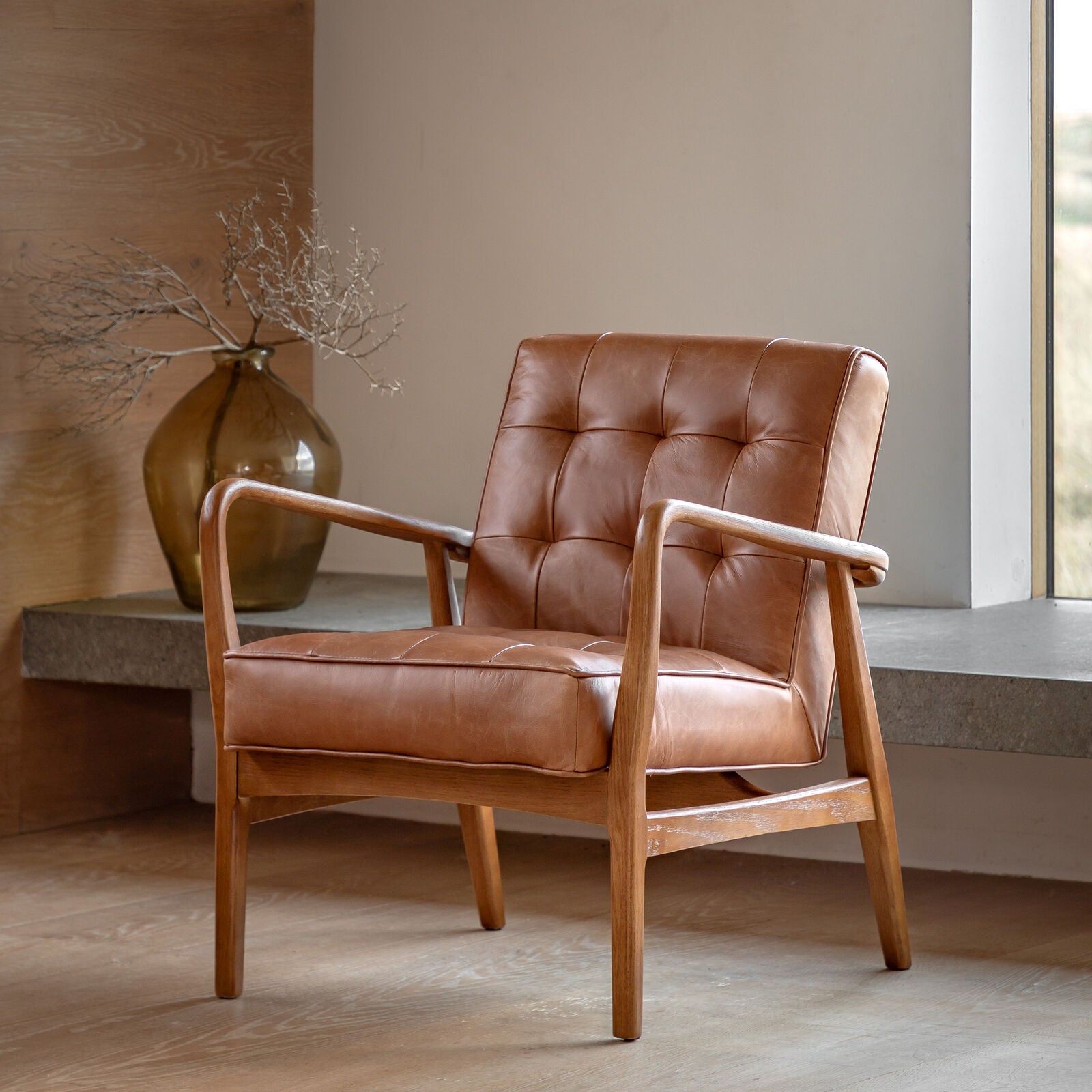 Ronson Mid Century Armchair with solid oak frame and top grain vintage brown leather upholstery | MalletandPlane.com