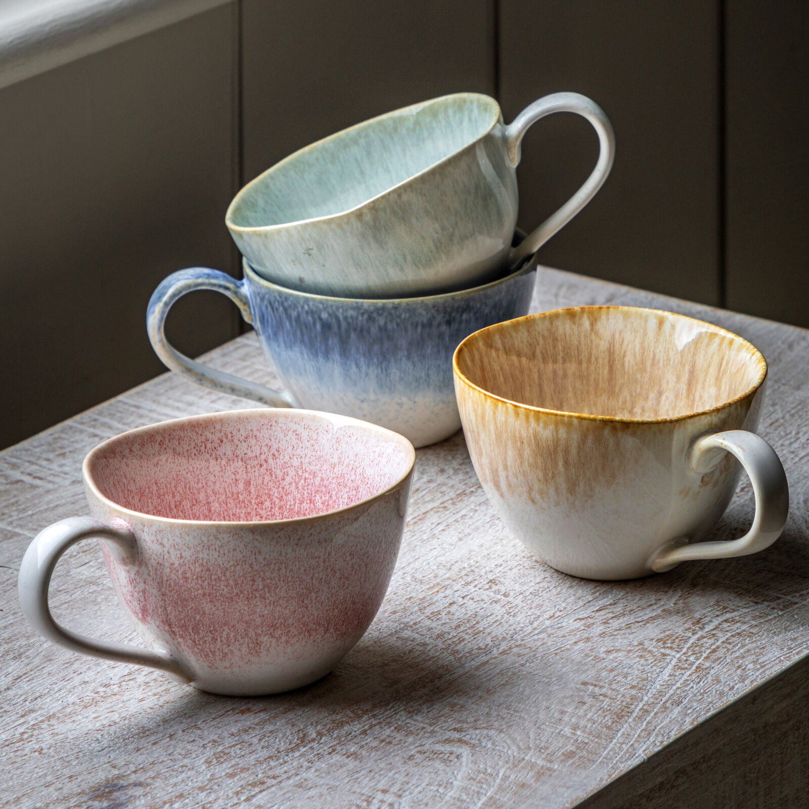 Reactive glaze set of 4 camel coloured ceramic mugs | malletandplane.com