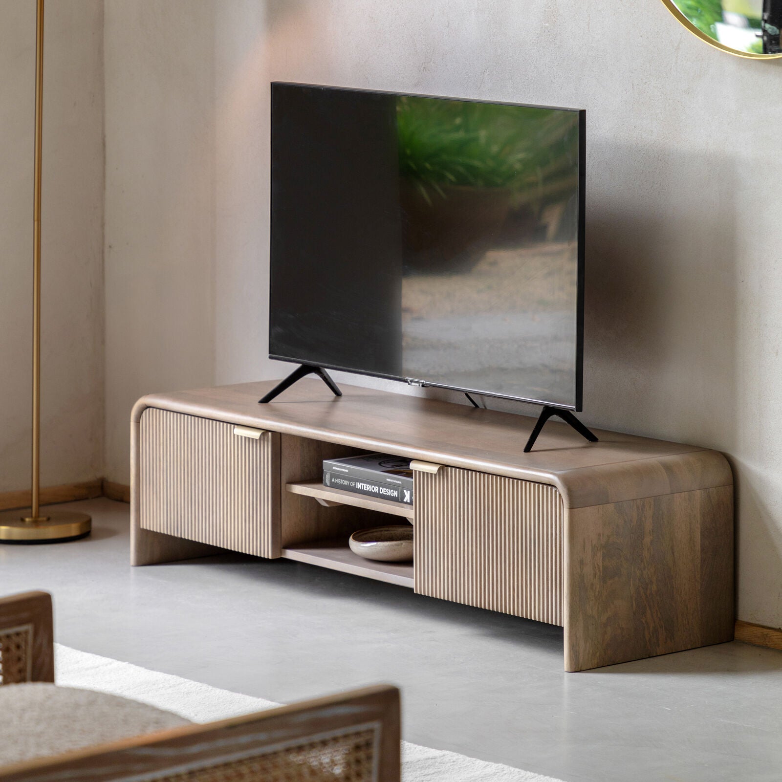 Rocca mango media unit with curved edges and fluted doors | malletandplane.com
