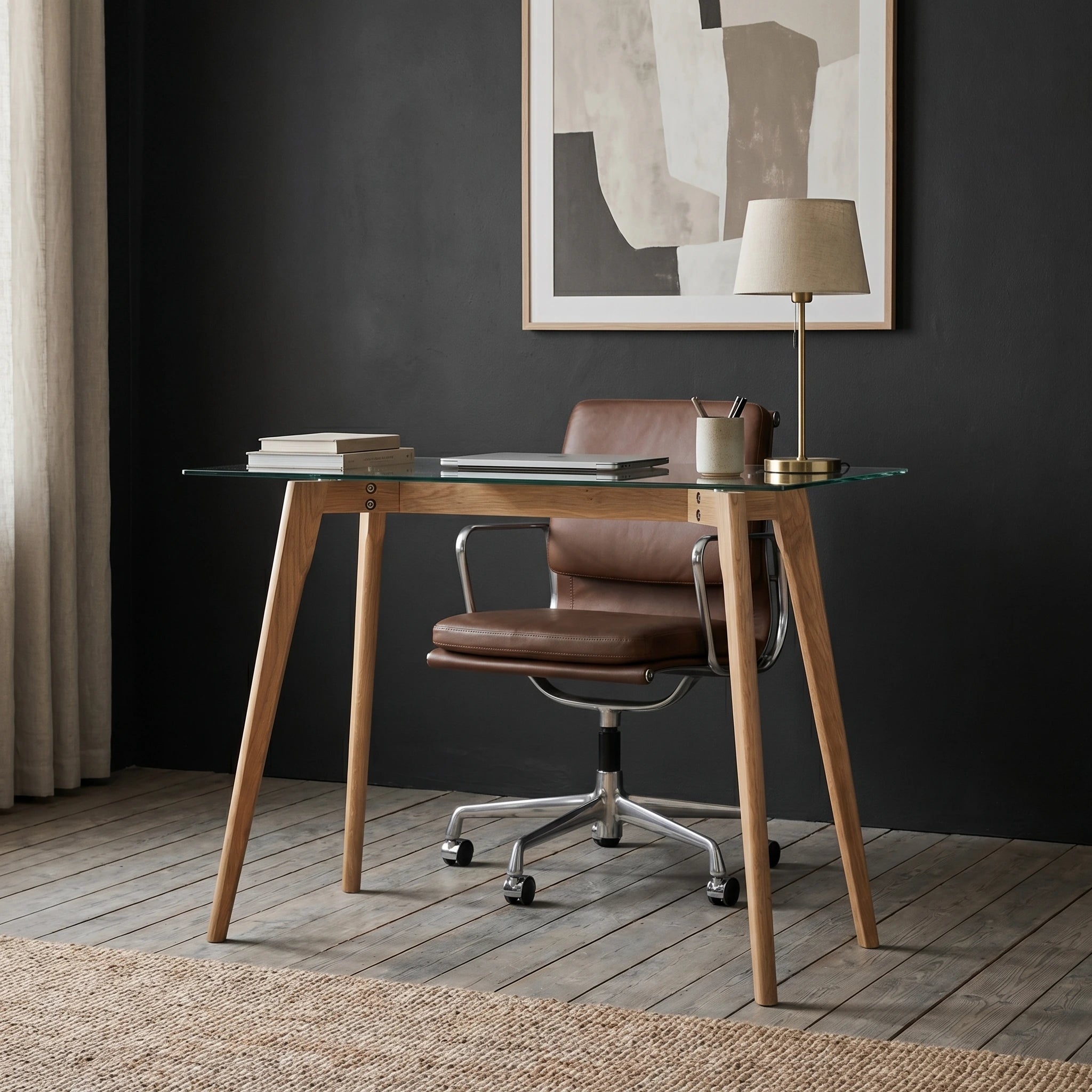 Shelton glass topped contemporary style desk with oak base