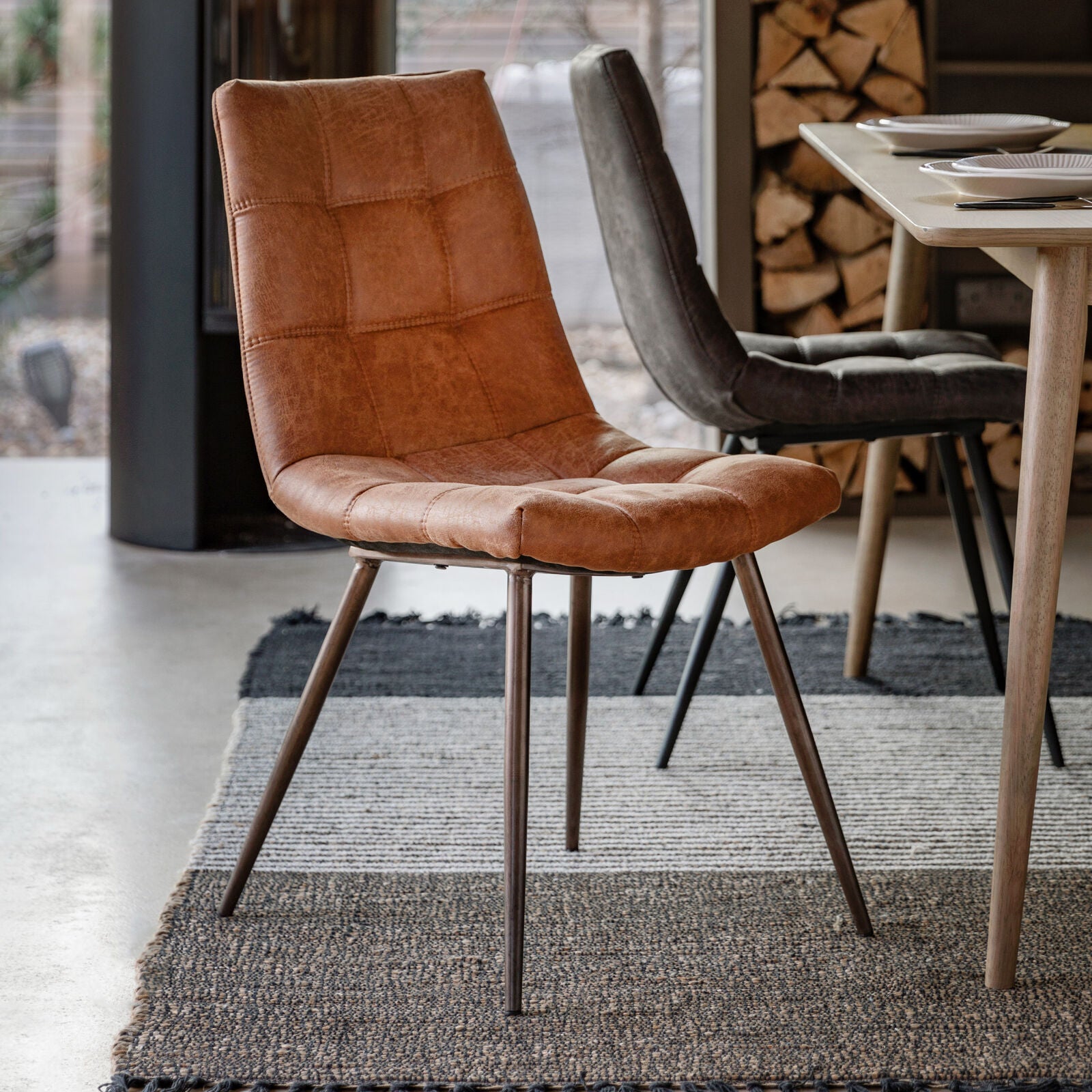 Sigmund set of 2 dining chairs in brown distressed faux leather | MalletandPlane.com