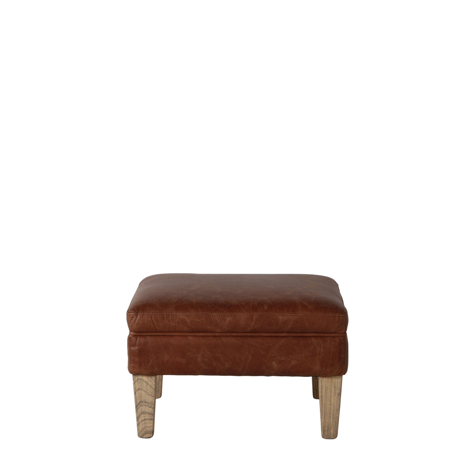 Sir Alfred vintage brown top grain leather footstool with solid ash legs | malletandplane.com