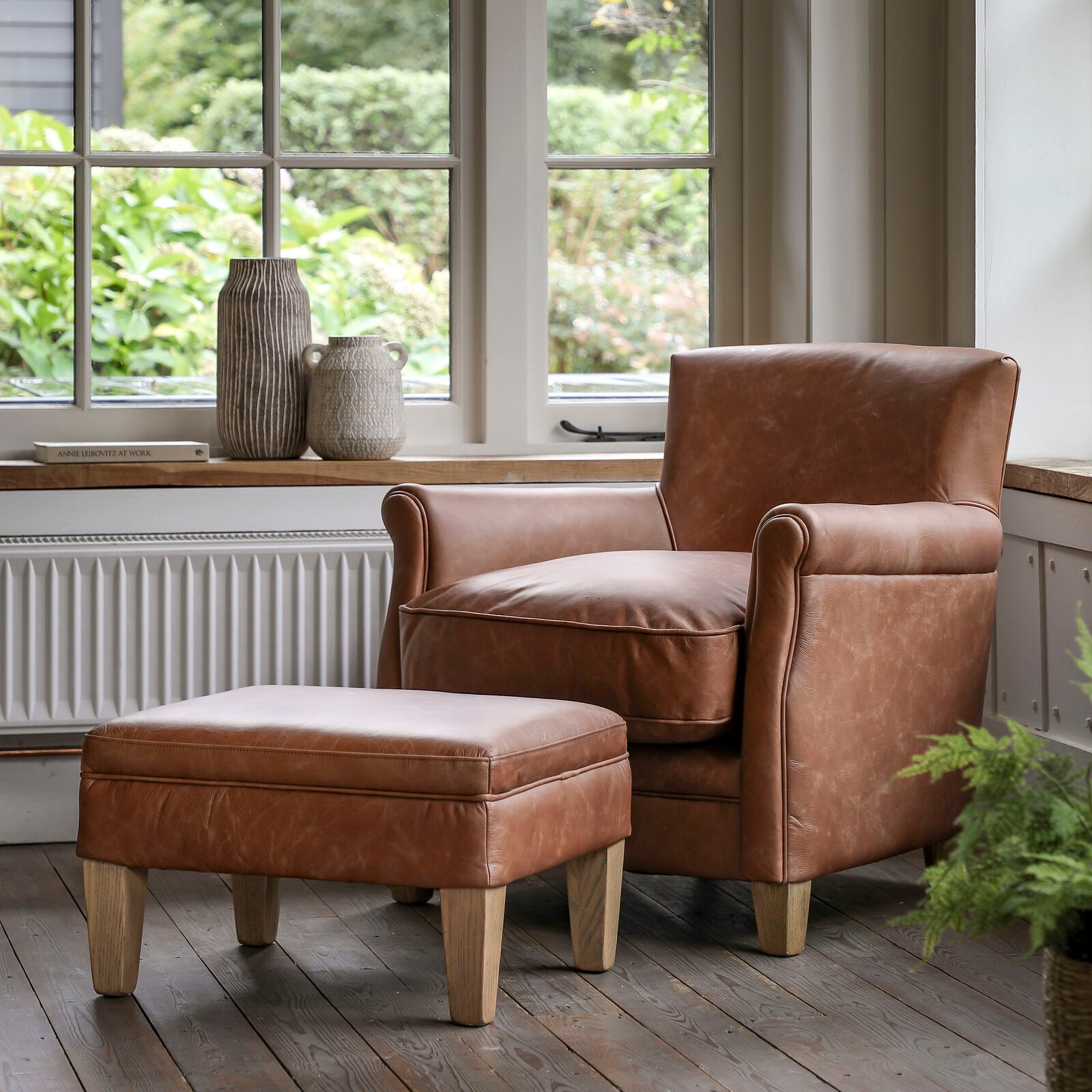 Sir Alfred vintage brown top grain leather footstool with solid ash legs | malletandplane.com