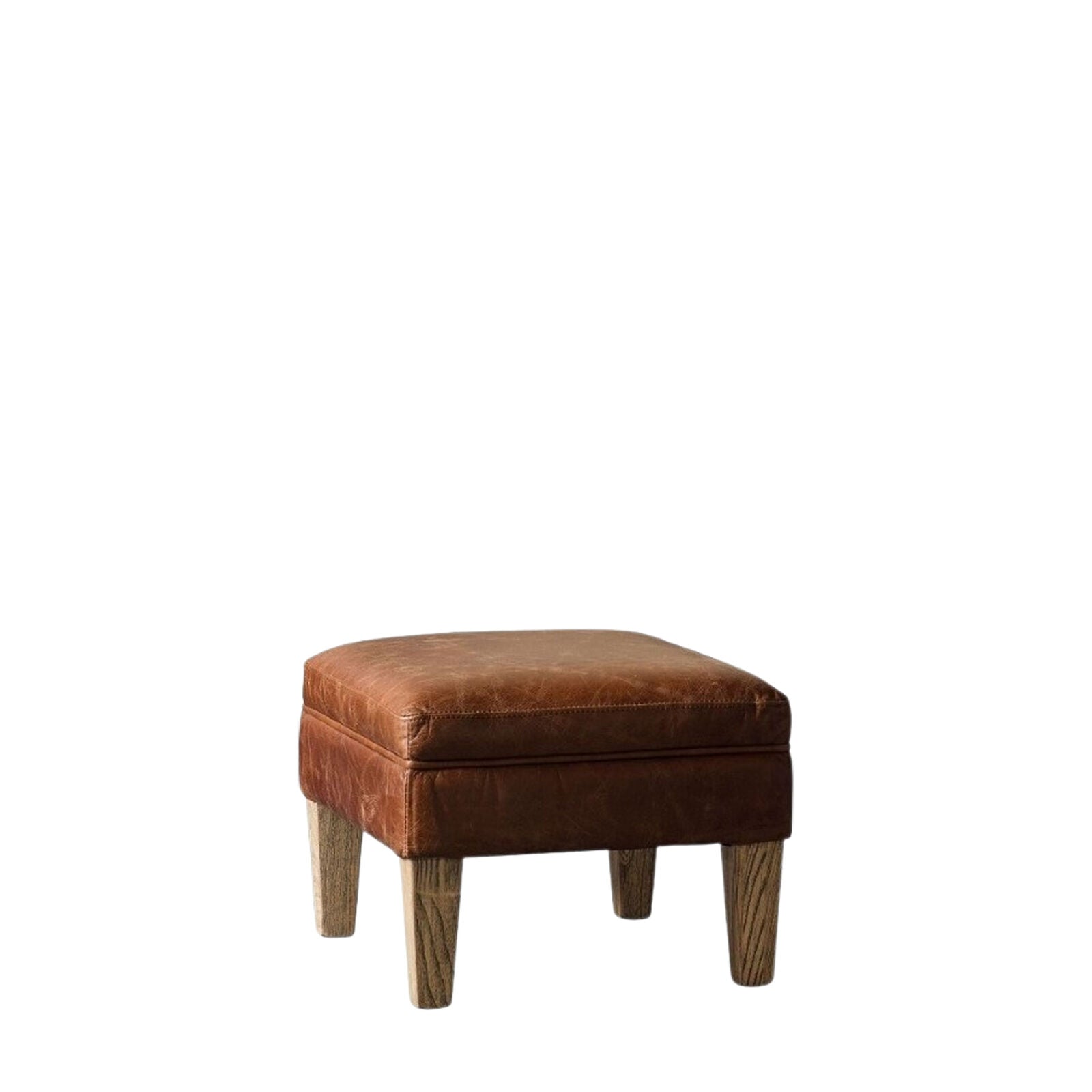 Sir Alfred vintage brown top grain leather footstool with solid ash legs | malletandplane.com