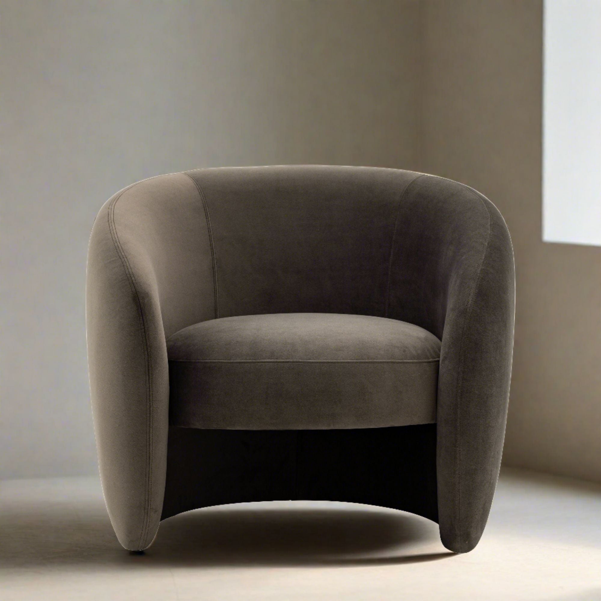 Sofia curved retro style armchair in moss green, espresso grey or soft cream fabric | malletandplane.com