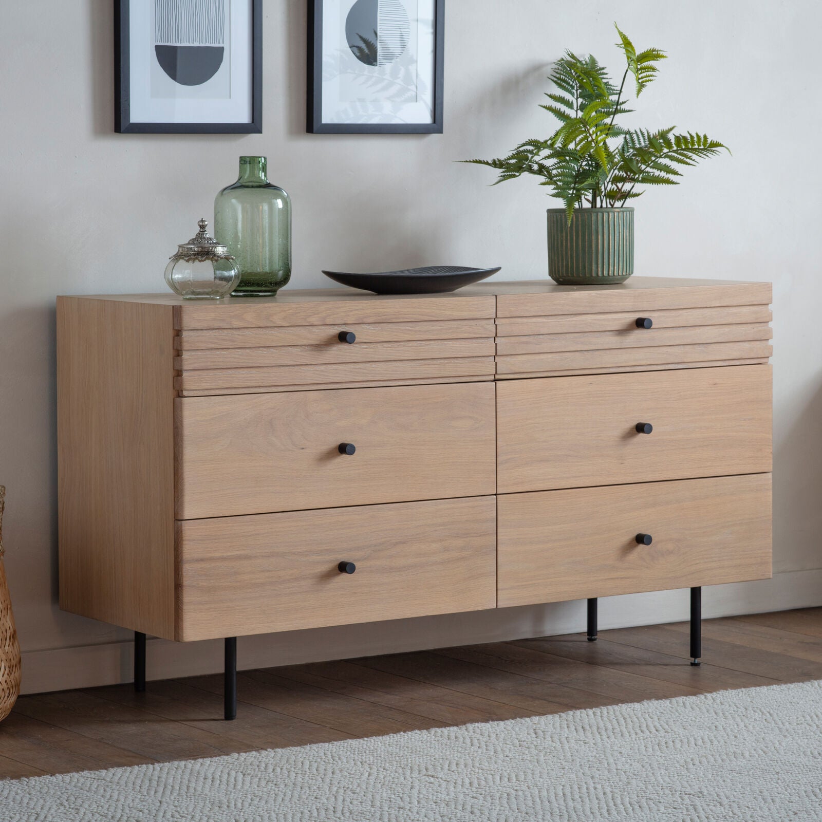 SOJA natural oak chest of 6 Drawers with black metal legs and handles | malletandplane.com