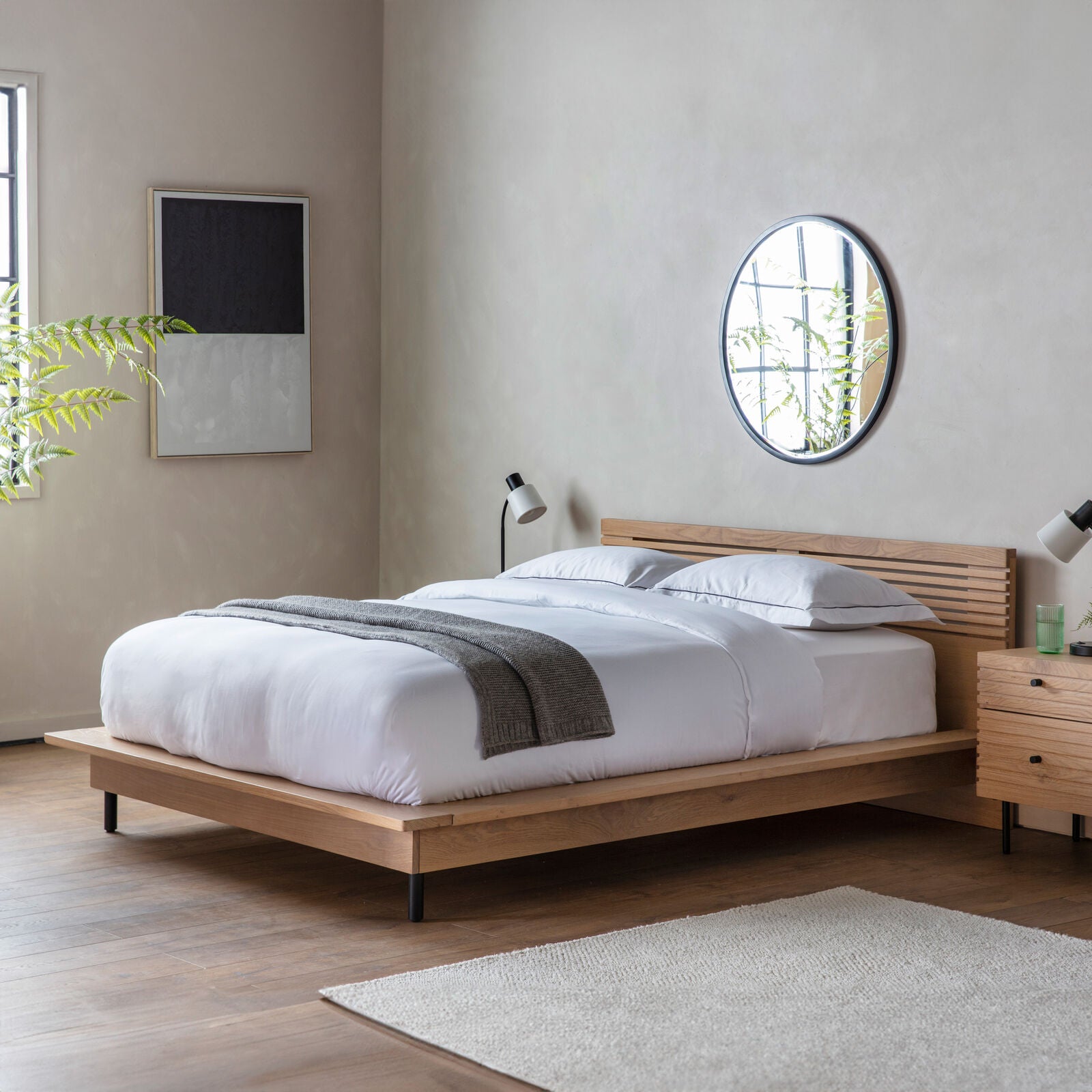 Soja Double bed with radius slats in natural oak finish with black metal legs | malletandplane.com