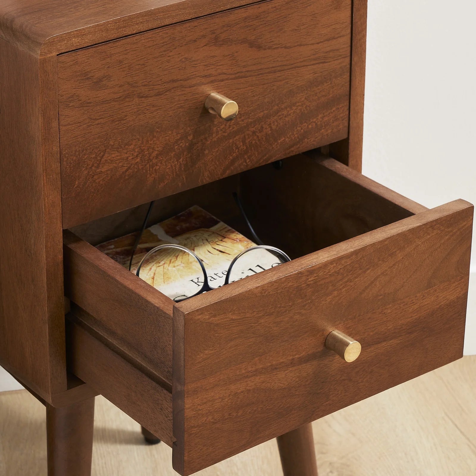 Logan Scandinavian walnut 2 drawer solid wood narrow bedside table | malletandplane.com