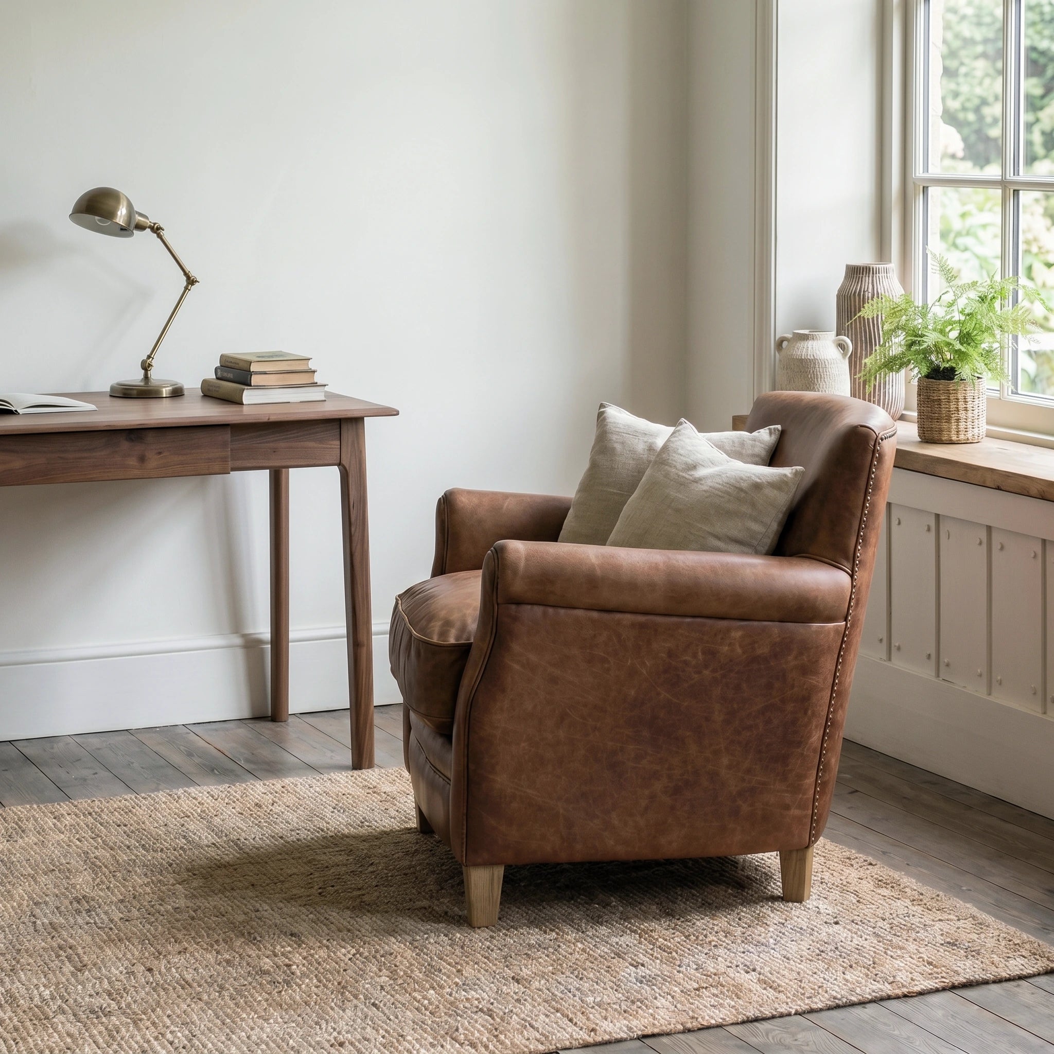 Sir Alfred vintage top grain brown leather armchair with ash feet