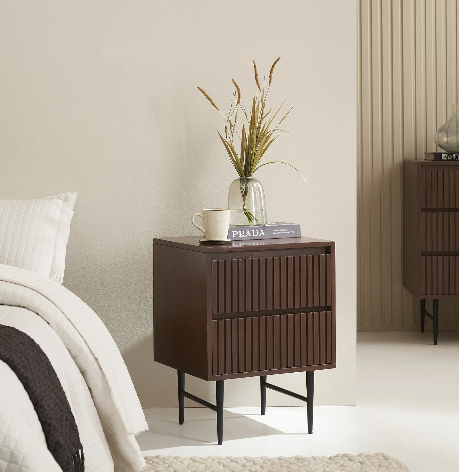 Maxim industrial dark walnut chest of drawers with 3 drawers and metal detailing | malletandplane.com
