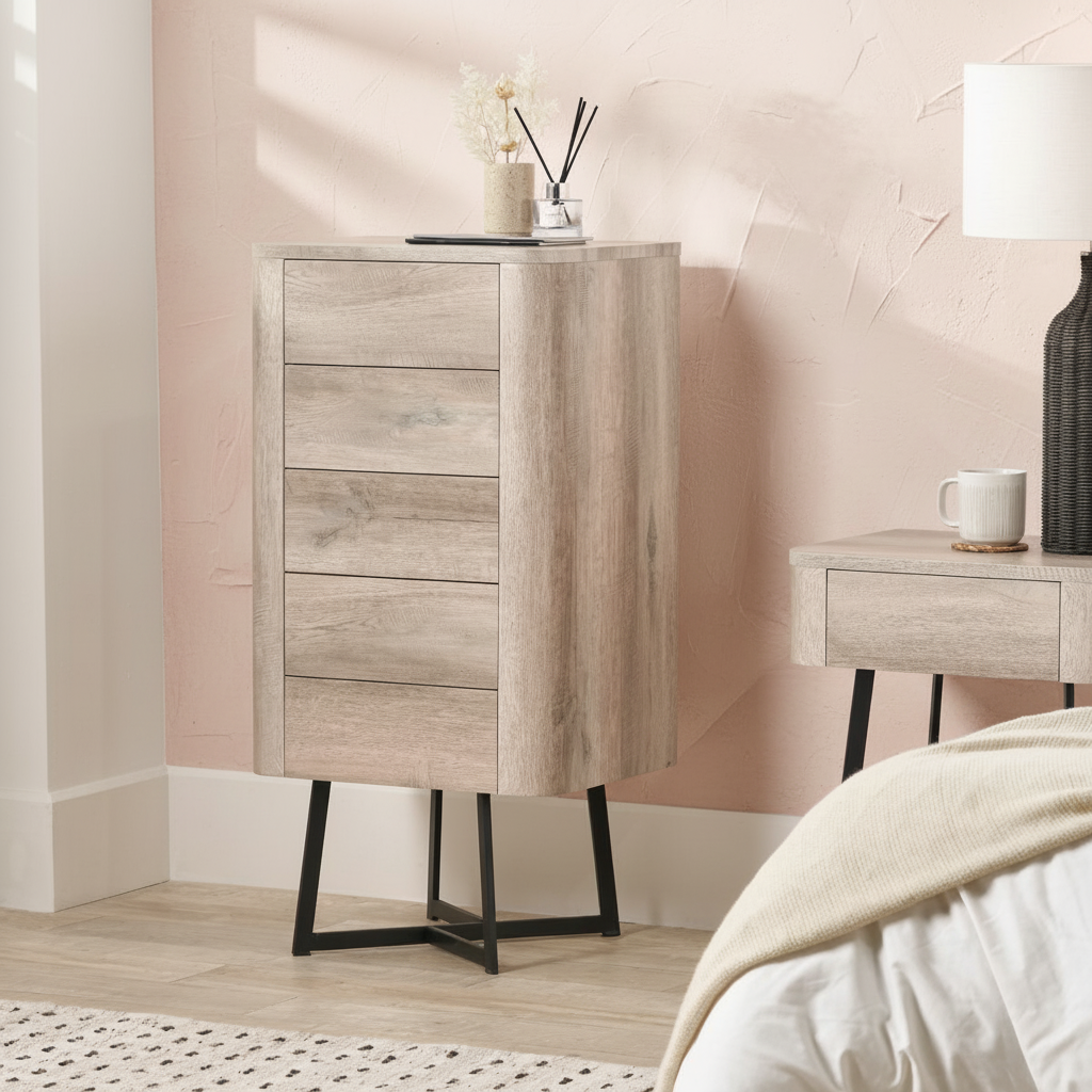 UKIAH Grey Oak Veneer 5 Drawer Tall Boy