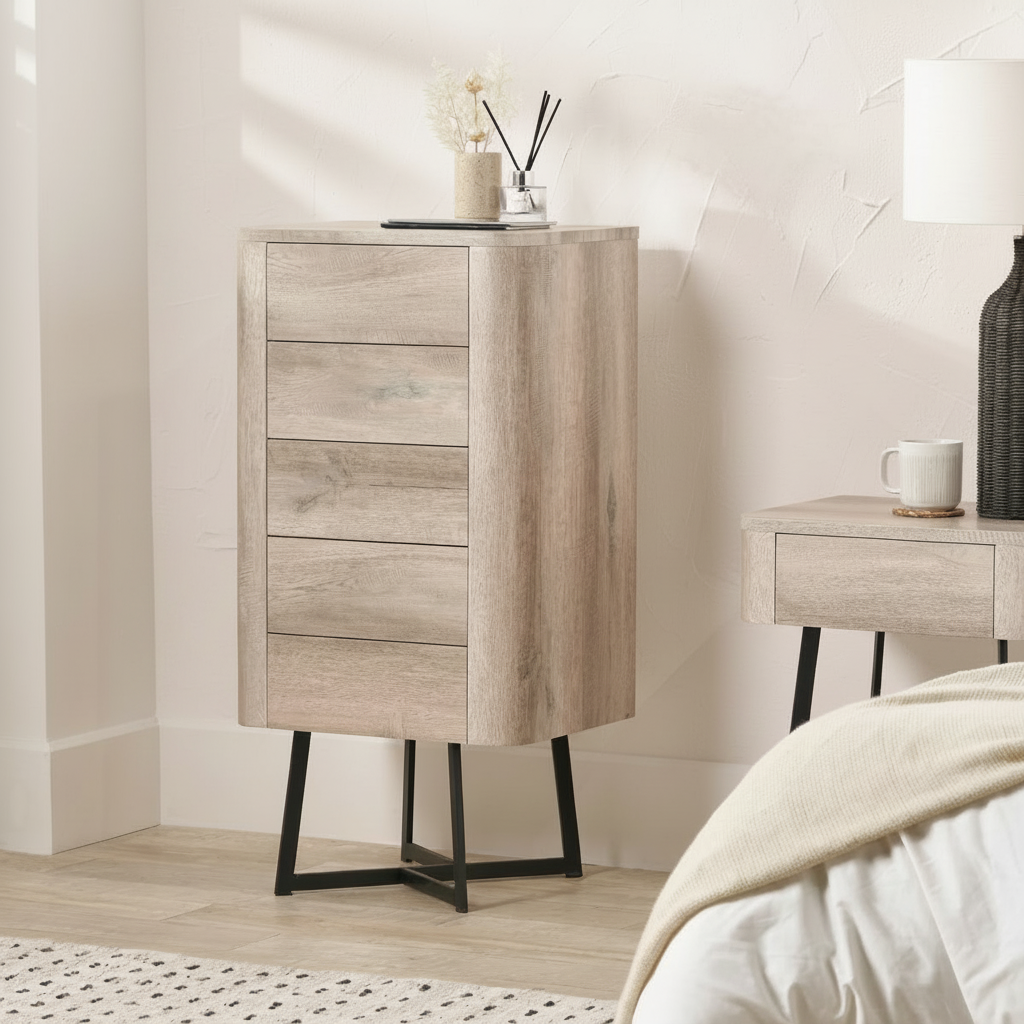 UKIAH Grey Oak Veneer 5 Drawer Tall Boy