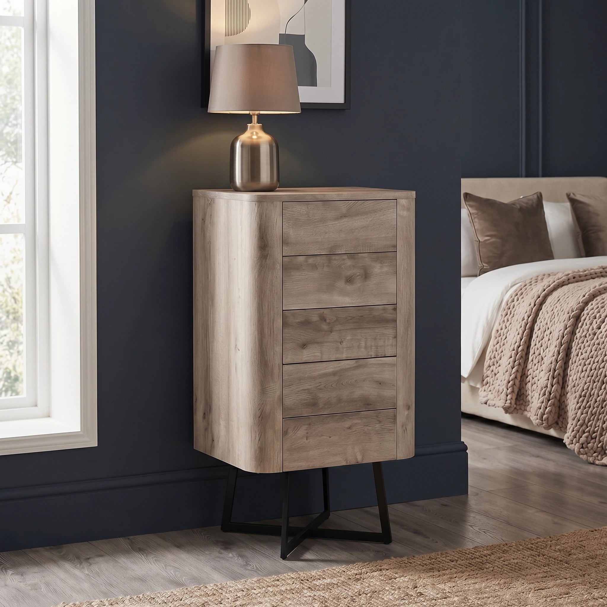 UKIAH Grey Oak Veneer 5 Drawer Tall Boy